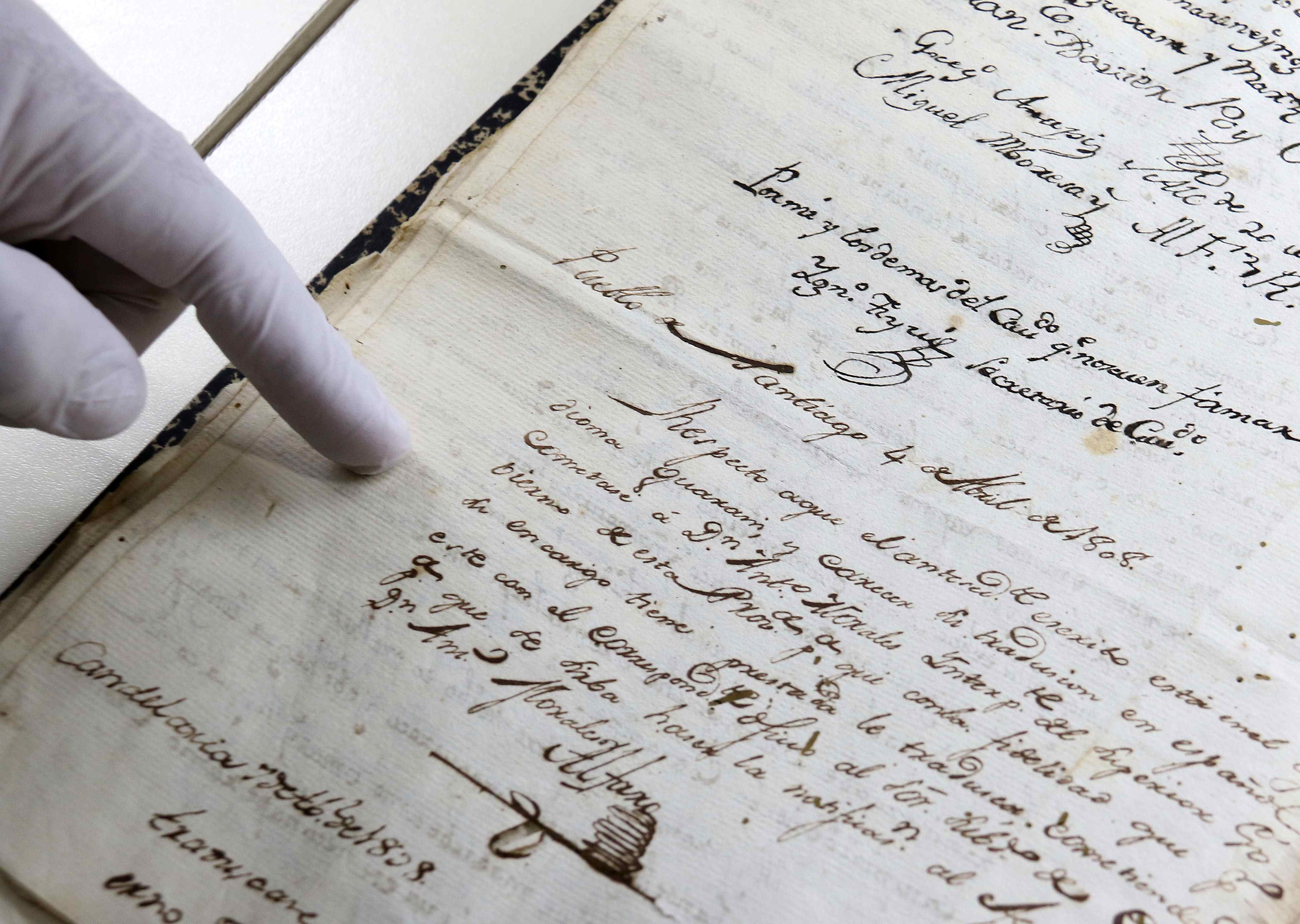 View of a document written in Guarani between the 17th and 18th centuries, presented at the National Archive in Asuncion, Paraguay on Mar. 3, 2016.