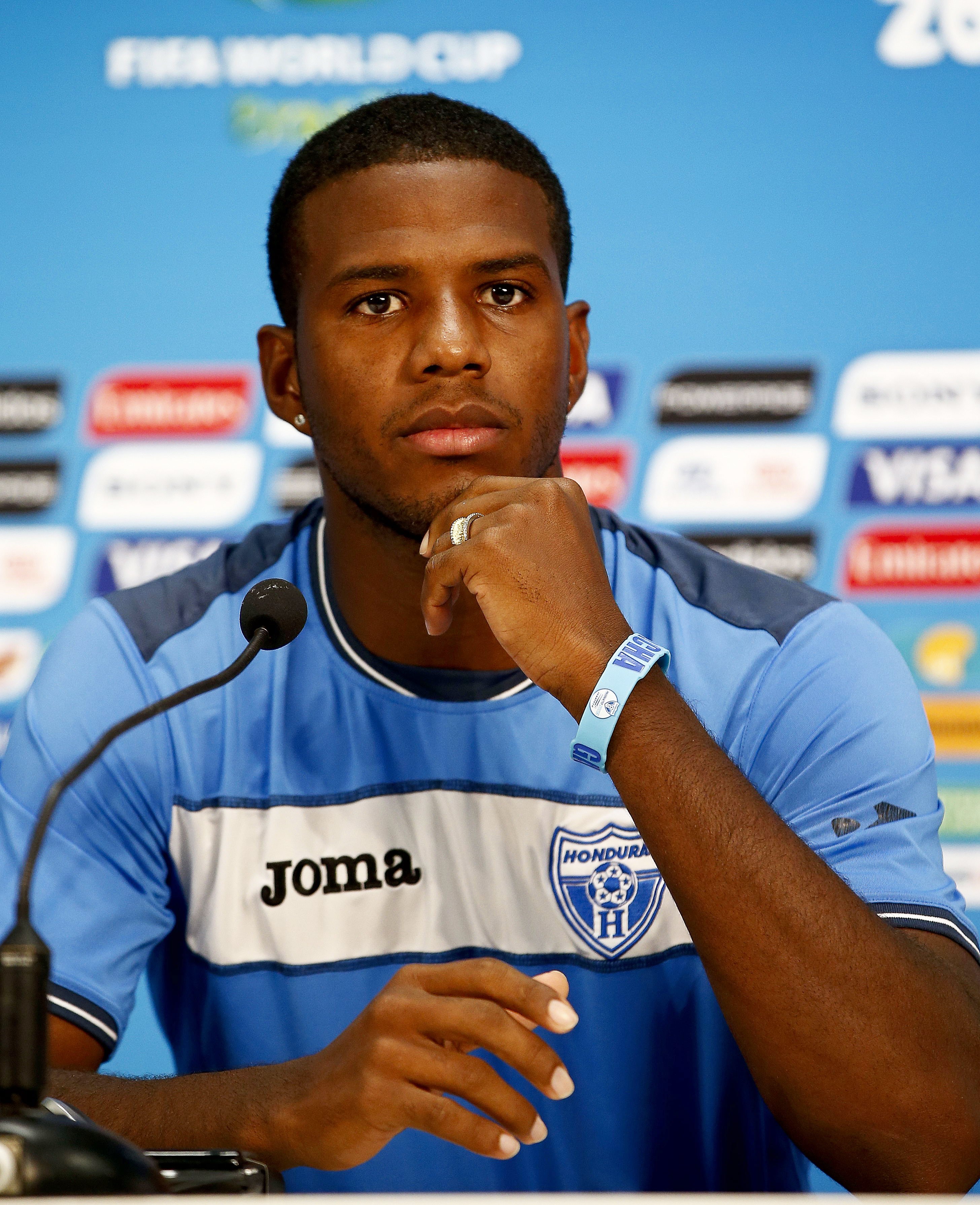 Honduran national soccer team defender Juan Carlos Garcia attends a press conference during the FIFA World Cup 2014 at the Arena Amazonia in Manaus, Brazil, June 24, 2014.
