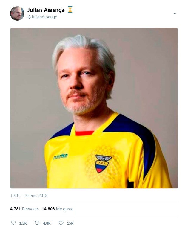 A photo posted on Jan. 10, 2018, to Julian Assange's Twitter account in which the WikiLeaks founder wears the Ecuadorian national soccer team's jersey.