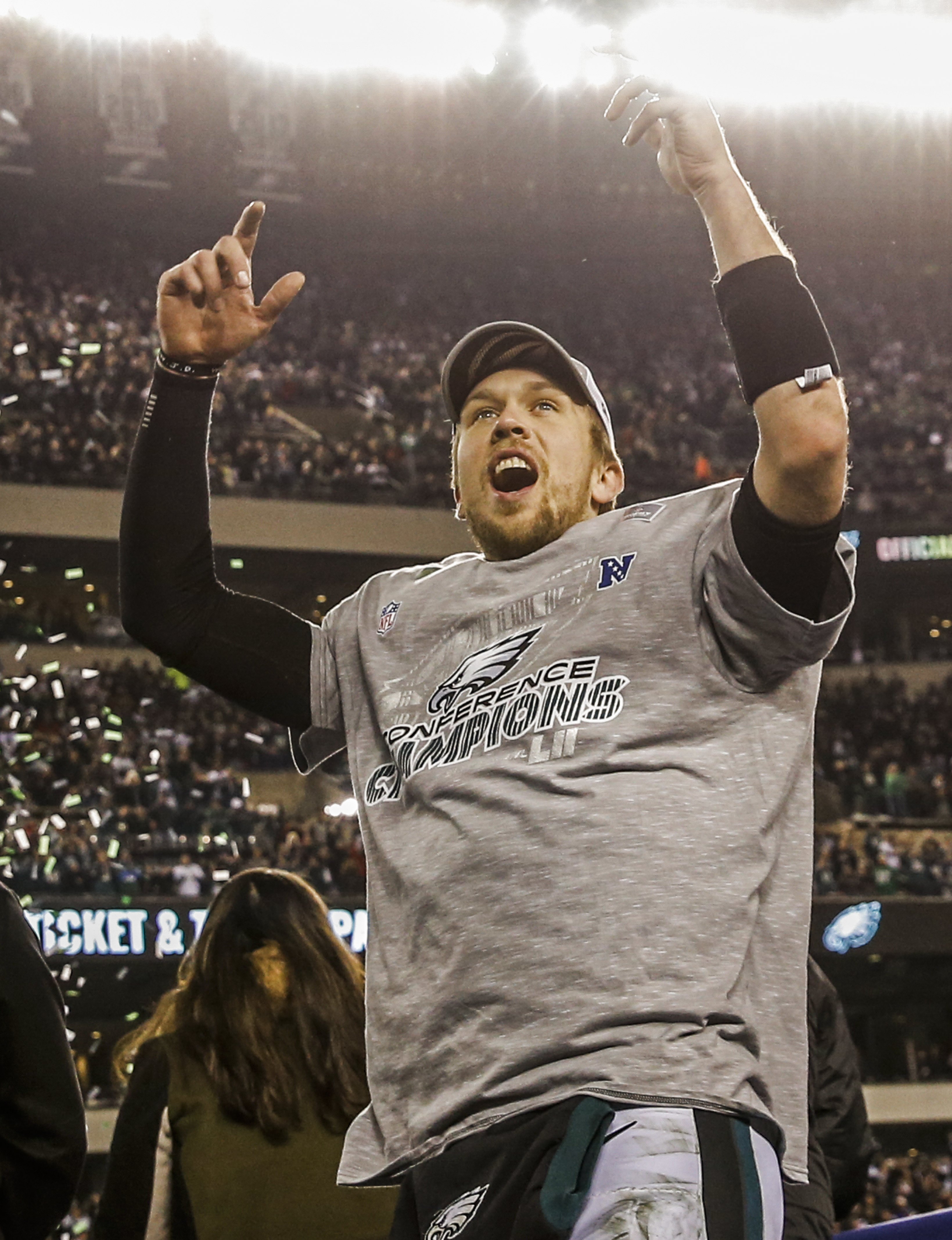 Philadelphia Eagles quarterback Nick Foles celebrates at the end of the NFC Championship game between the Minnesota Vikings and the Philadelphia Eagles at Lincoln Financial Field in Philadelphia, Pennsylvania, USA, 21 January 2018.