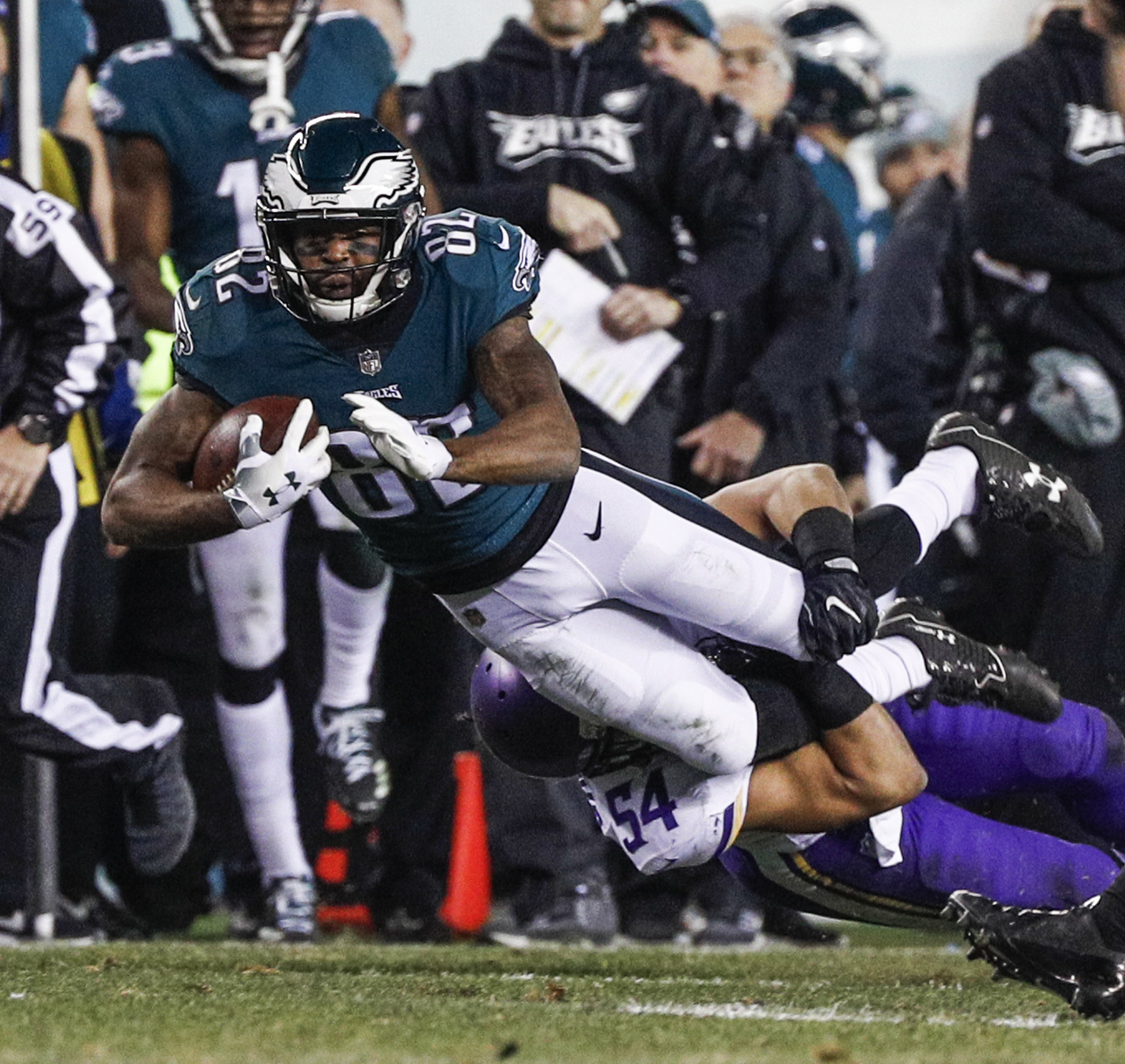 Philadelphia Eagles wide receiver Torrey Smith (L) is tackled by Minnesota Vikings middle linebacker Eric Kendricks (R) in the first half of the NFC Championship game between the Minnesota Vikings and the Philadelphia Eagles at Lincoln Financial Field in Philadelphia, Pennsylvania, USA, 21 January 2018. EPA-EFE