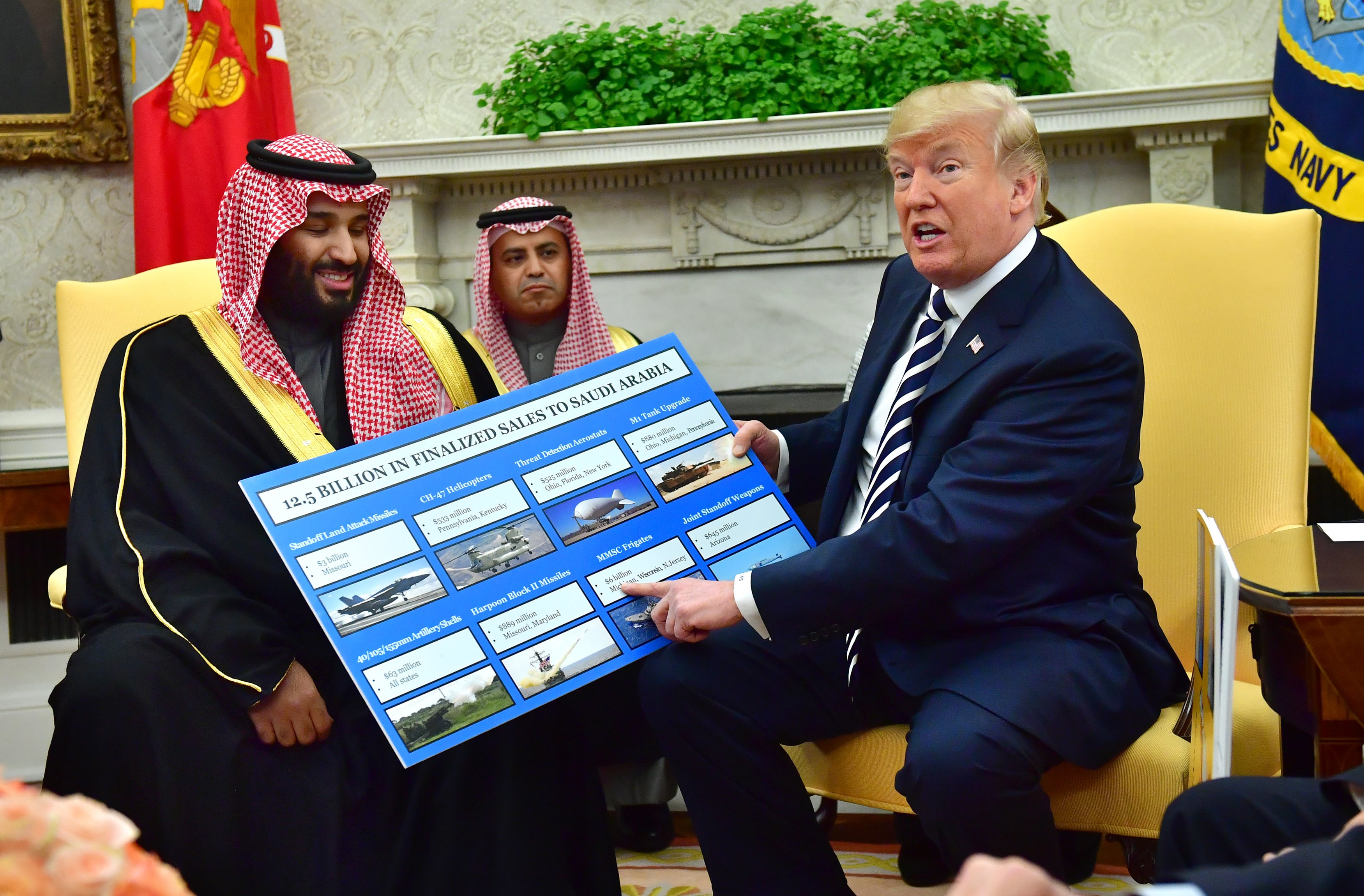 President Donald Trump holds up a chart of military hardware sales as he meets with Crown Prince Mohammed bin Salman of the Kingdom of Saudi Arabia in the Oval Office at the White House, March 20, 2018. EPA-EFE/KEVIN DIETSCH / POOL
