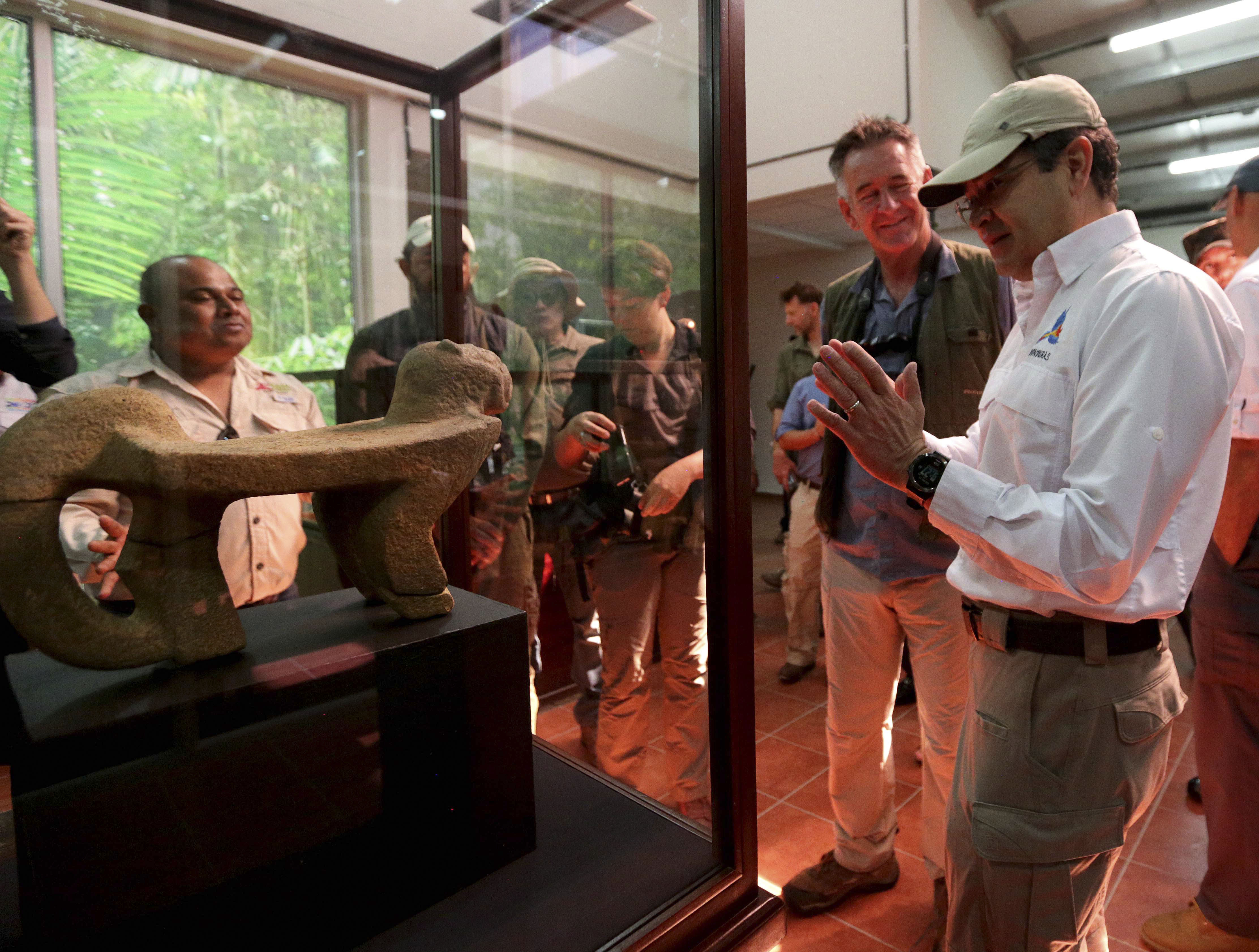 Photo provided on Mar. 25, 2018 by the Honduran Presidency showing President Juan Orlando Hernandez during the grand opening of a center for the study of artifacts found at the White City archaeological site in the Mosquitia region in Honduras, Mar. 23, 2018. EPA-EFE/Presidency of Honduras
