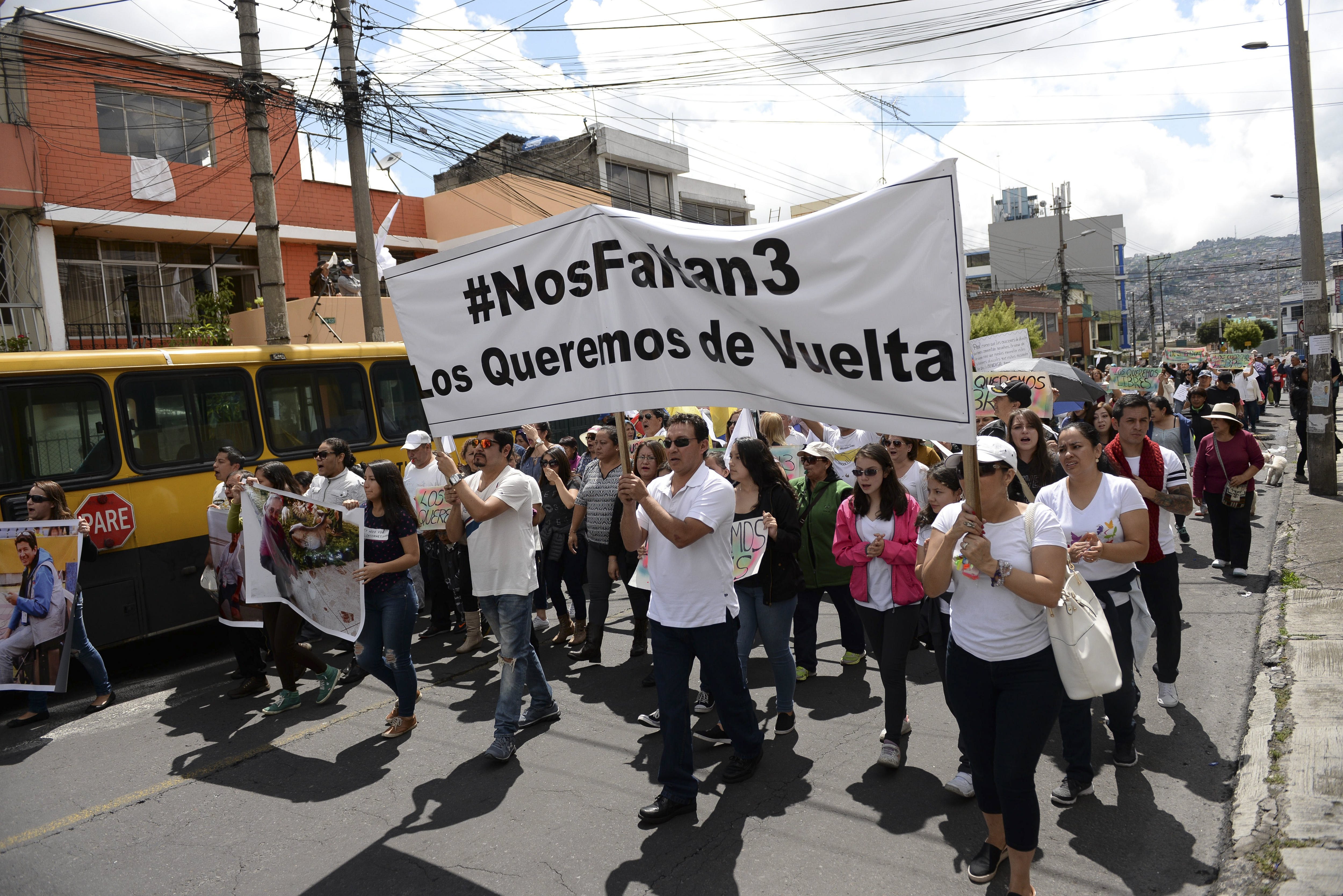 Photo provided by the group #NOS FALTAN 3 shows a demonstration calling for the release of three journalists kidnapped on the Ecuador-Colombia border, in Quito, Ecuador, April 1, 2018. EPA-EFE FILE/#NOS FALTAN 3