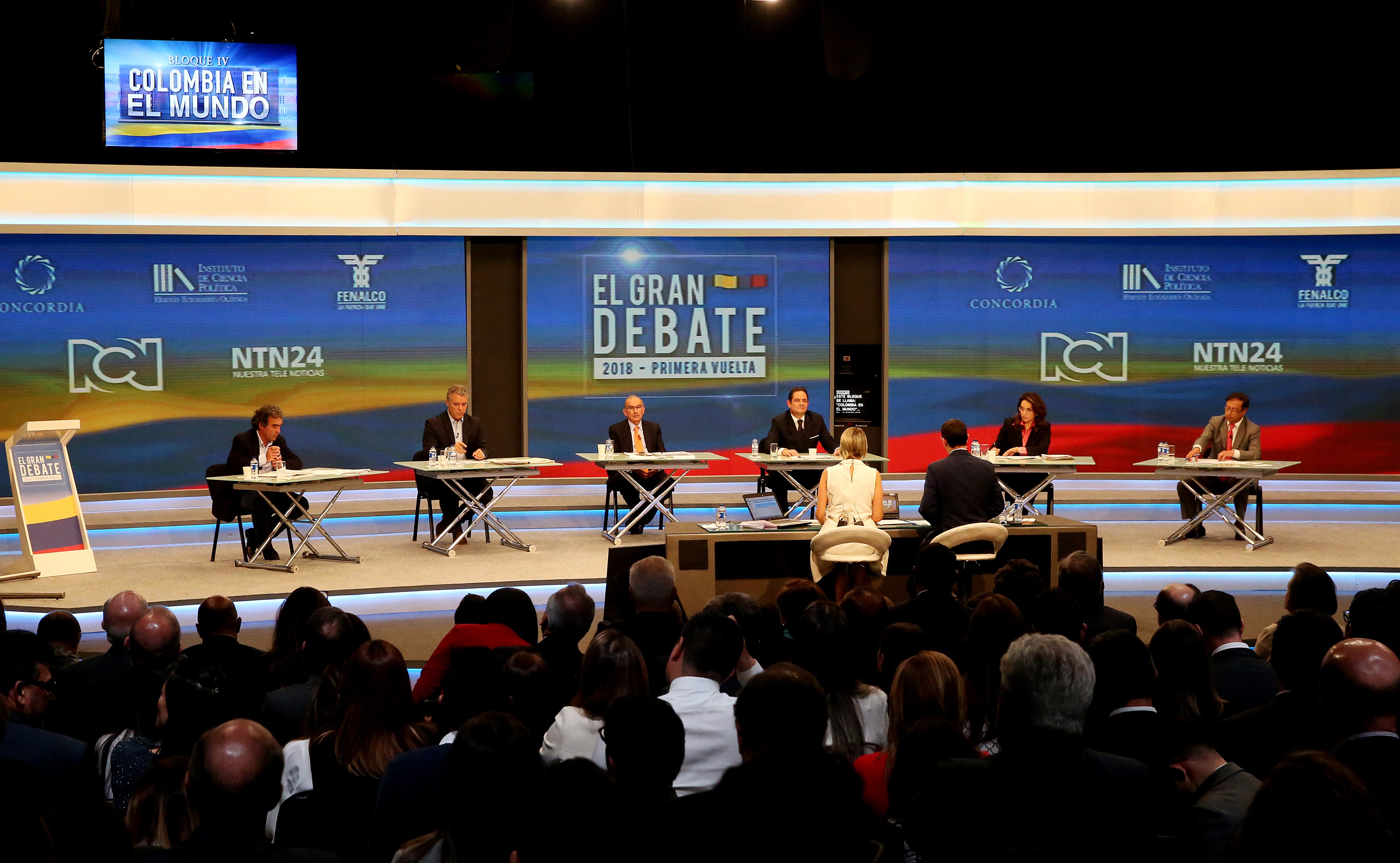 The candidates for the presidency of Colombia (L-R) Sergio Fajardo, Ivan Duque, Humberto De la Calle, German Vargas Lleras, Viviane Morales and Gustavo Petro participate in the first major national presidential debate in Bogota, Colombia, Apr. 19, 2018. EPA-EFE/LEONARDO MUNOZ