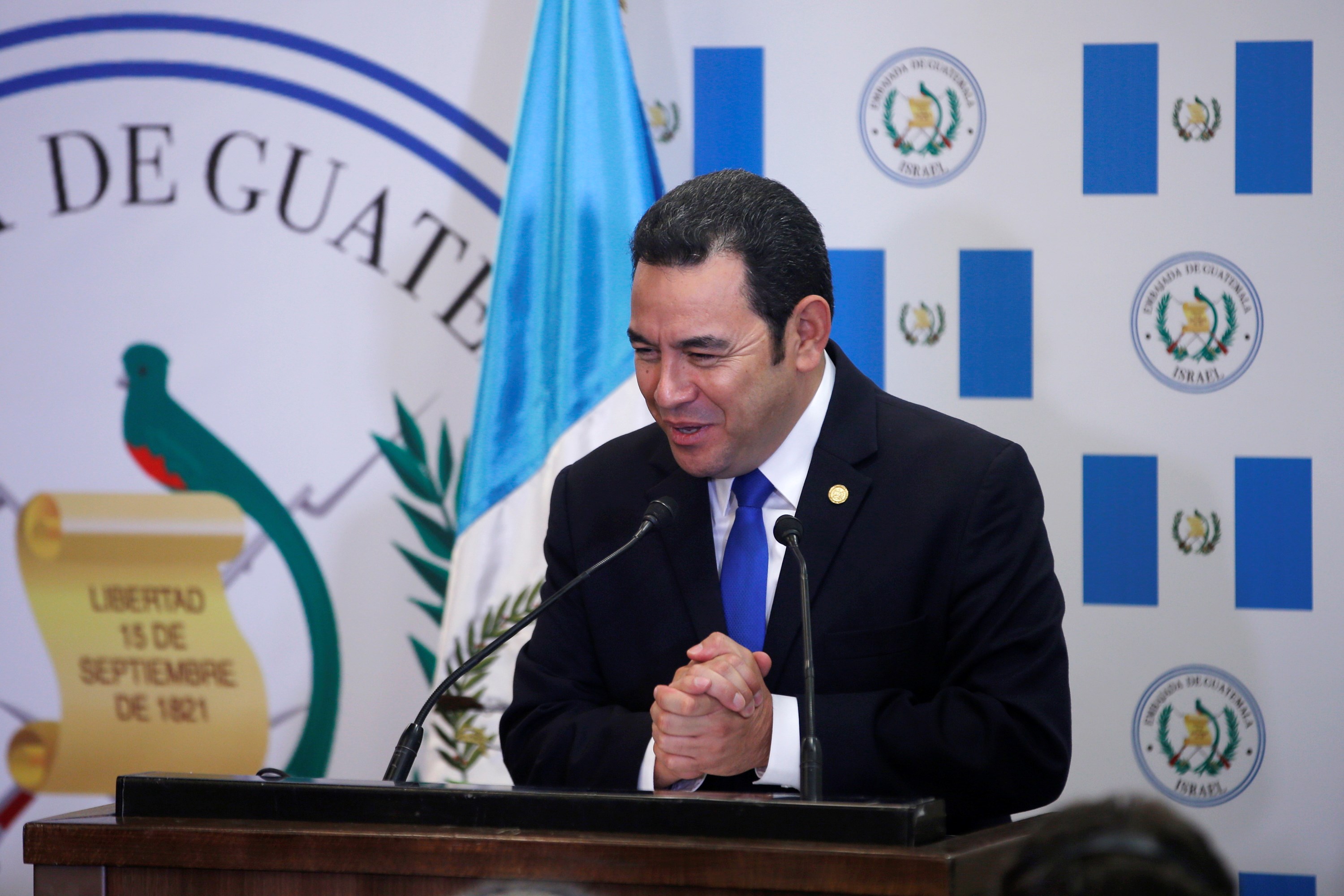 Guatemalan President Jimmy Morales gestures as he speaks during the dedication ceremony of the embassy of Guatemala in Jerusalem, May 16, 2018. EFE