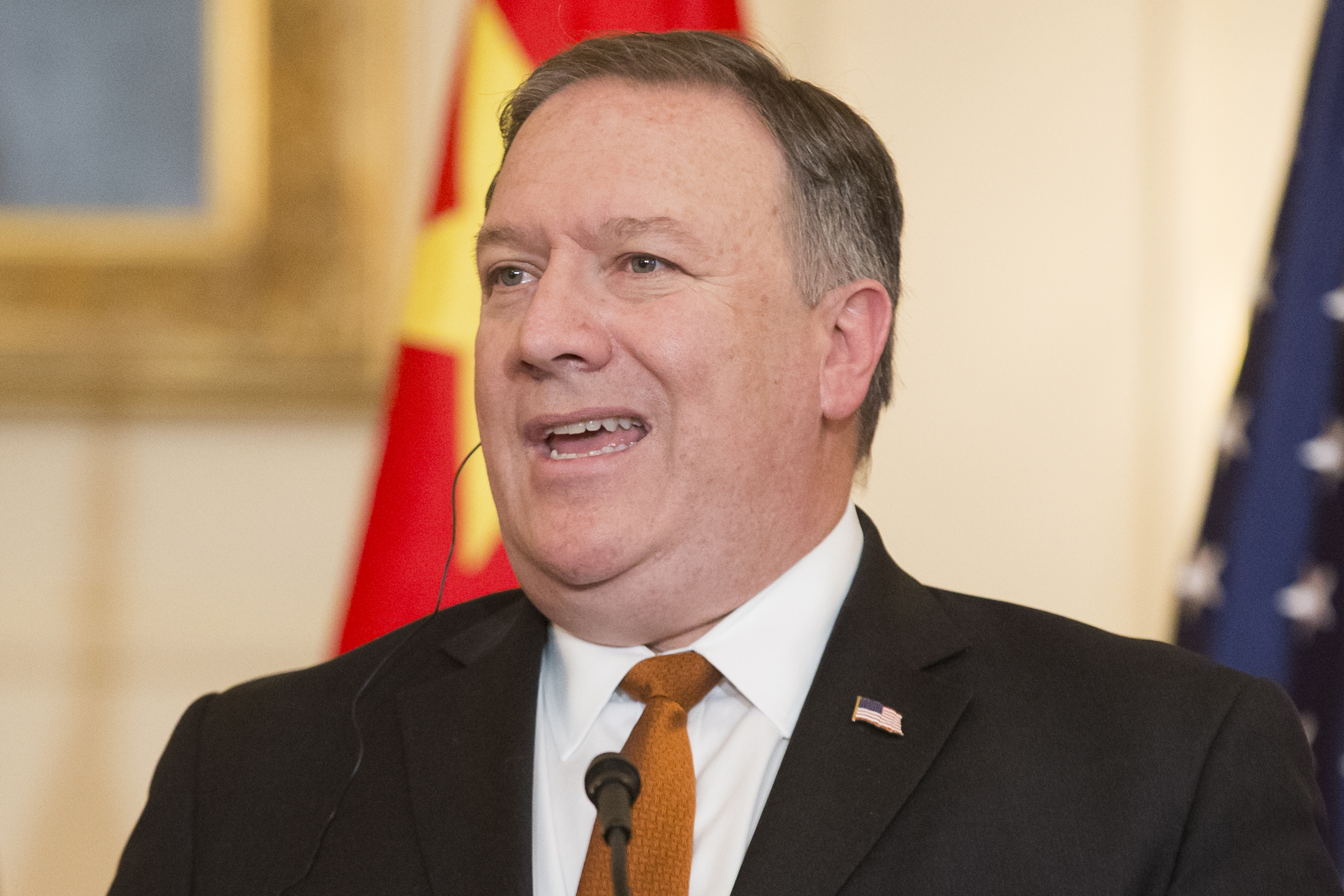 U.S. Secretary of State Mike Pompeo speaks during a news conference with Foreign Minister of China Wang Yi at the beginning of their meeting, in the Ben Franklin Room at the State Department in Washington, D.C., USA, May 23, 2018. EPA-EFE/MICHAEL REYNOLDS
