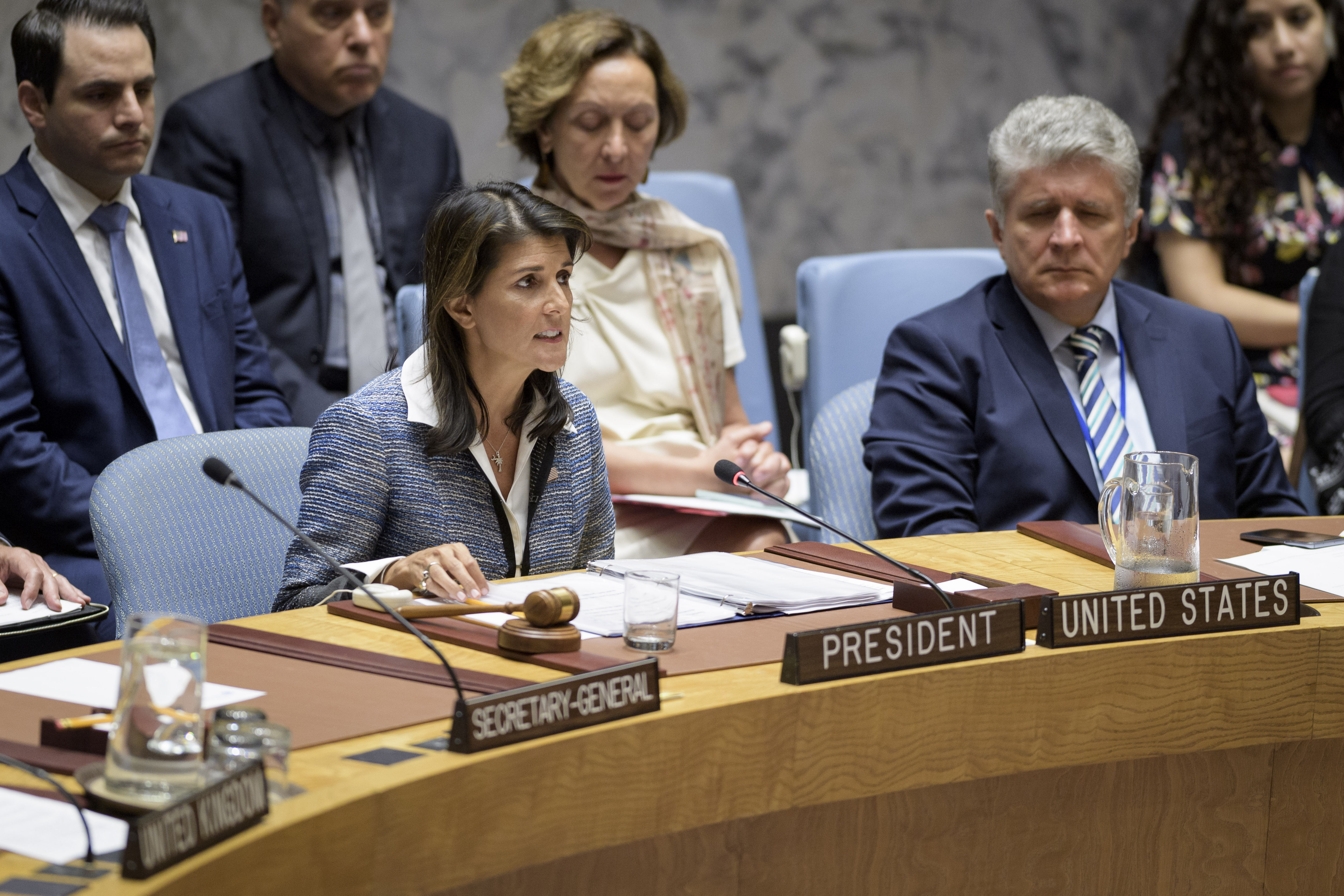 Photo provided by the United Nations showing Security Council rotating president and US Ambassador Nikki Haley (center left) speaking during a Council session discussing Nicaragua on Sept. 5, 2018. EFE-EPA/Manuel Elias/UN
