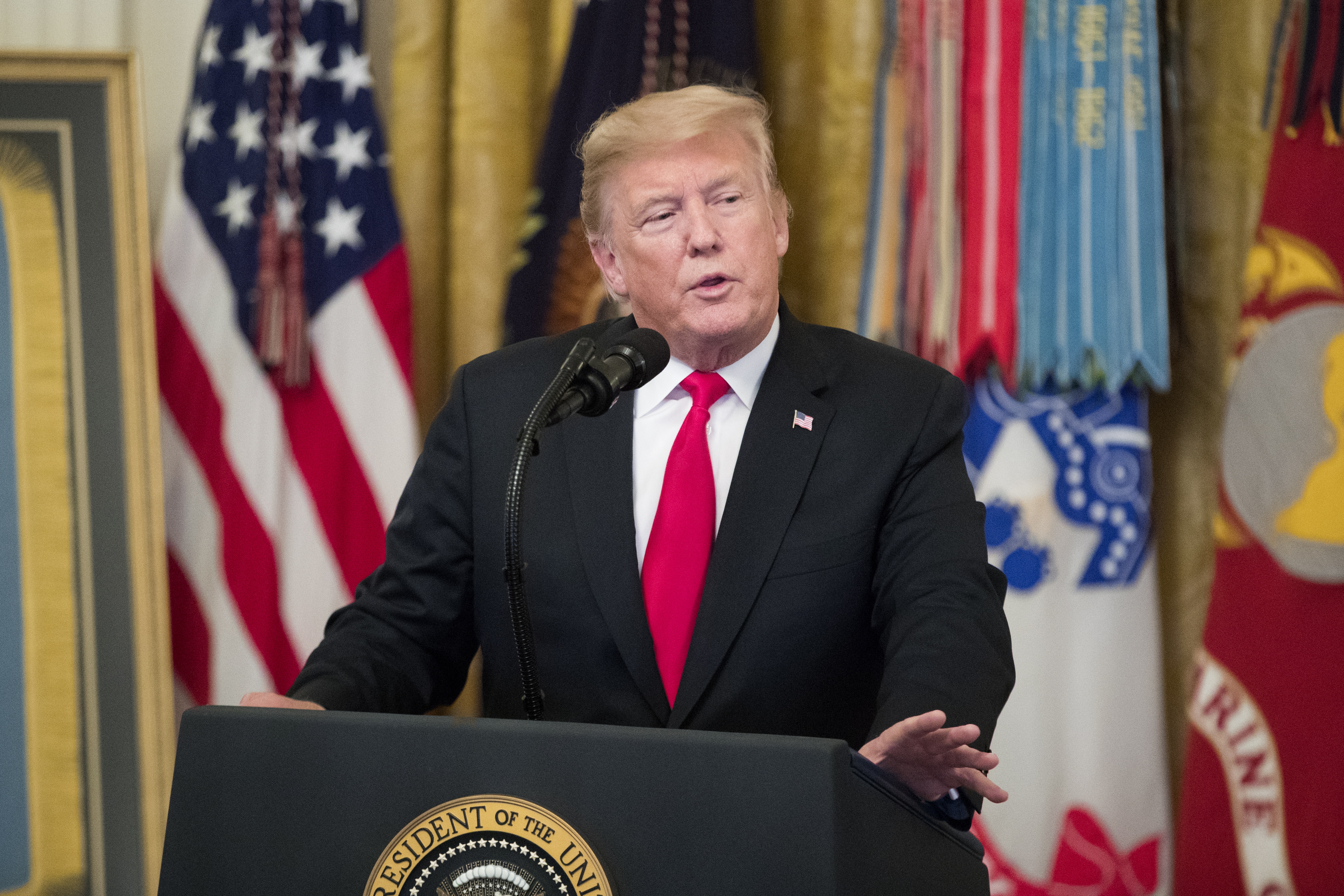 President Donald Trump delivers remarks during a reception for the Congressional Medal of Honor Society, in the East Room of the White House in Washington, DC, United States, Sept. 12, 2018. EPA-EFE/Michael Reynolds
