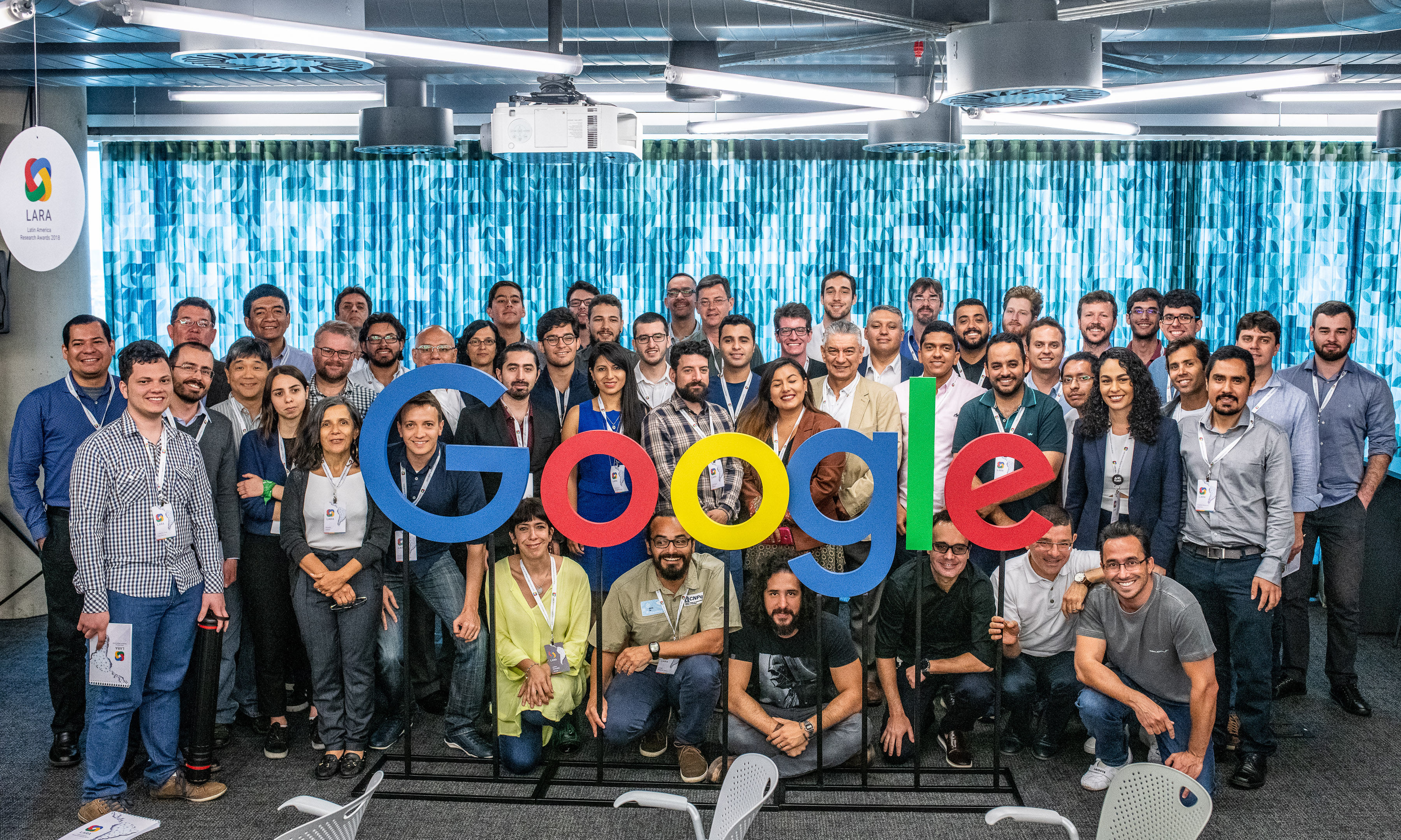 Participants pose at the Google Research Awards for Latin America ceremony on Oct. 23, 2018, where the big winner was Brazil with 17 winning projects.EFE-EPA/ Nereu Jr./Google