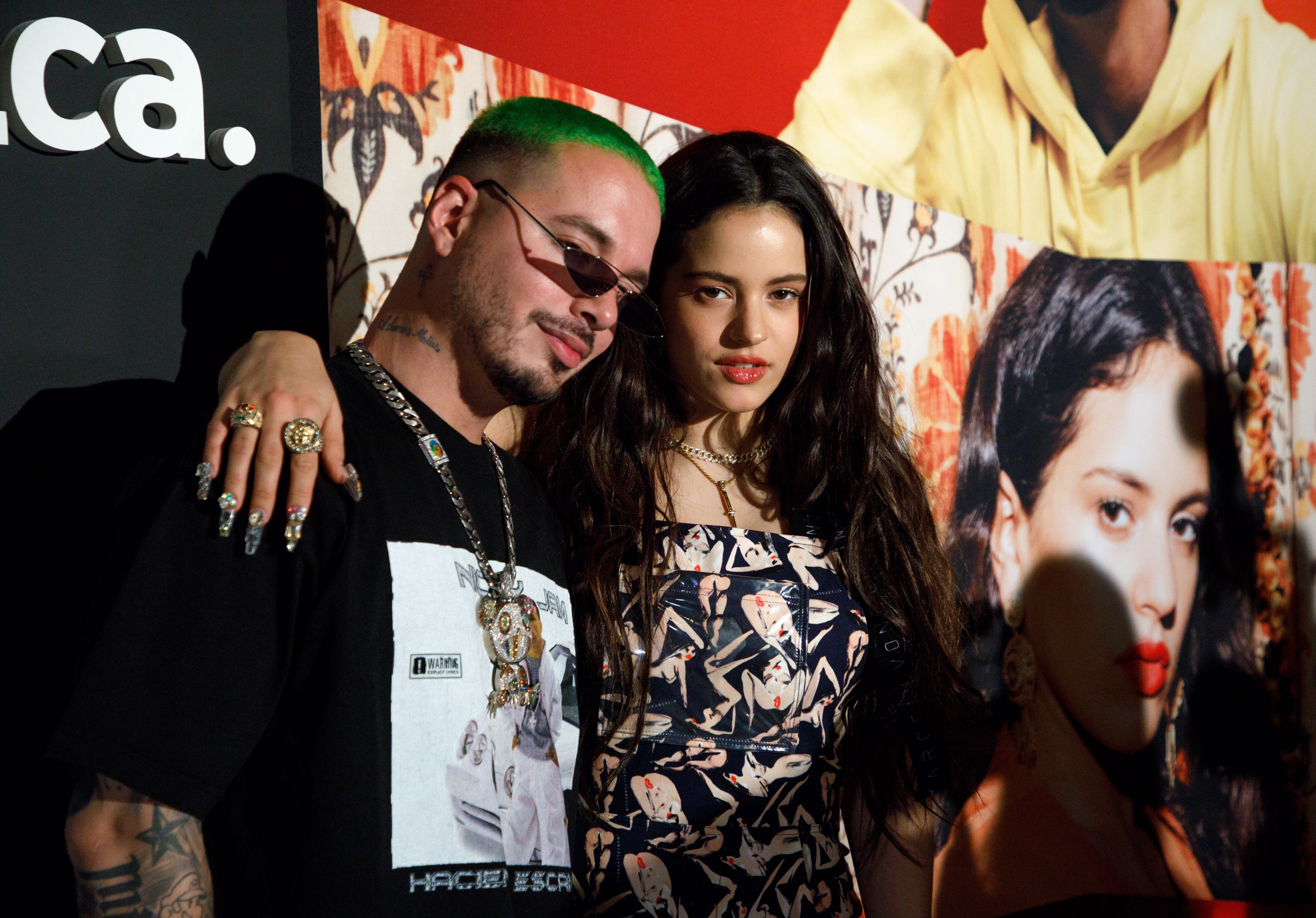 Spanish singer Rosalia (R) poses with Colombian singer J Balvin (L) at the YouTube Music: Latin Music Press Brunch in Las Vegas, Nevada, USA, 14 November 2018. The pair are preparing to attend the upcoming Latin GRAMMY Awards on 15 November. J Balvin leads the nominees with eight nominations, while Rosalia has five. EPA-EFE/EUGENE GARCIA