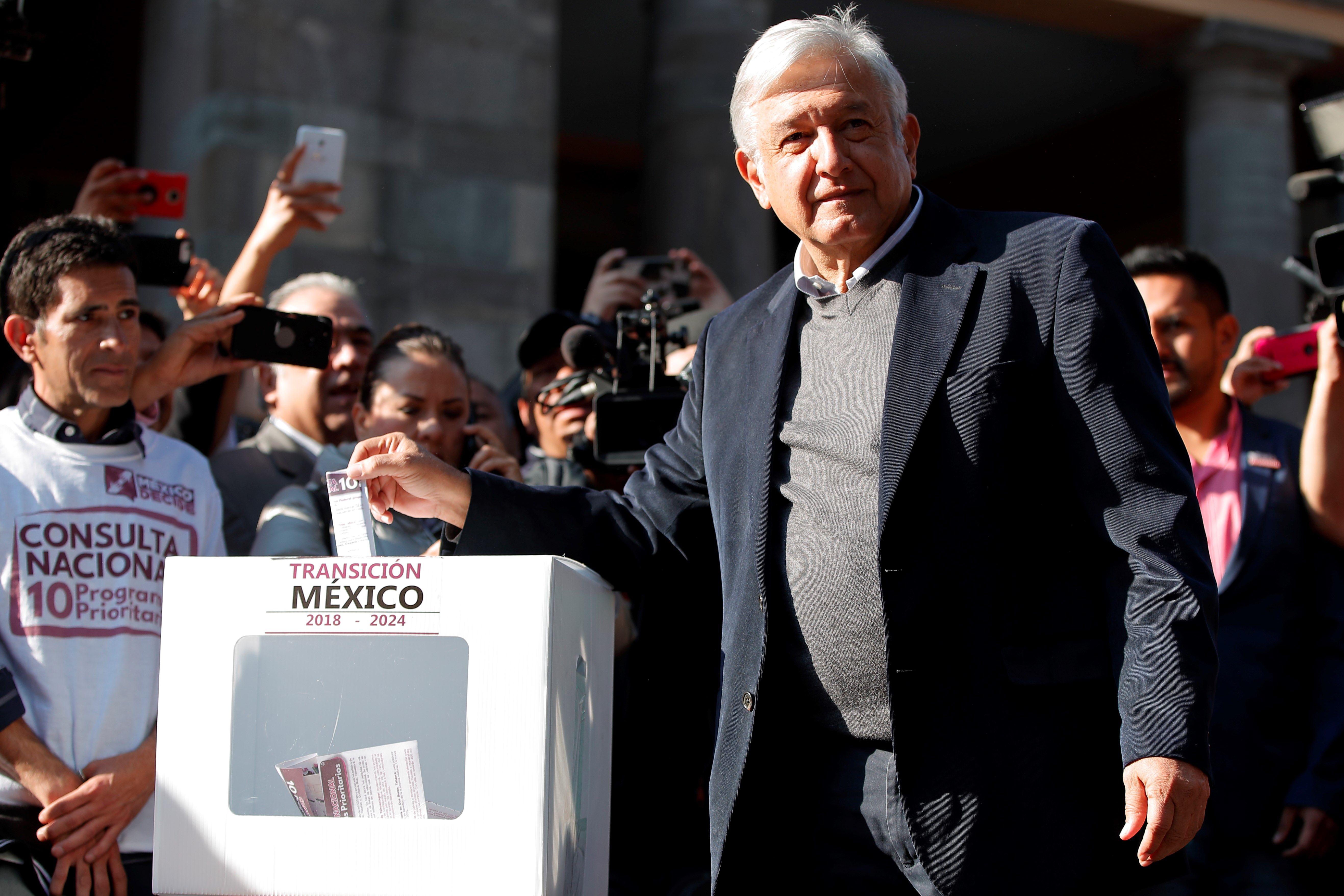 Mexican President-elect Andres Manuel Lopez Obrador votes on Saturday, Nov. 24, 2018, in Mexico City, in the referendum he promoted for this Saturday and Sunday on a battery of questions that submit to public opinion fundamental rights like pensions, scholarships and healthcare. EFE-EPA/Jose Mendez