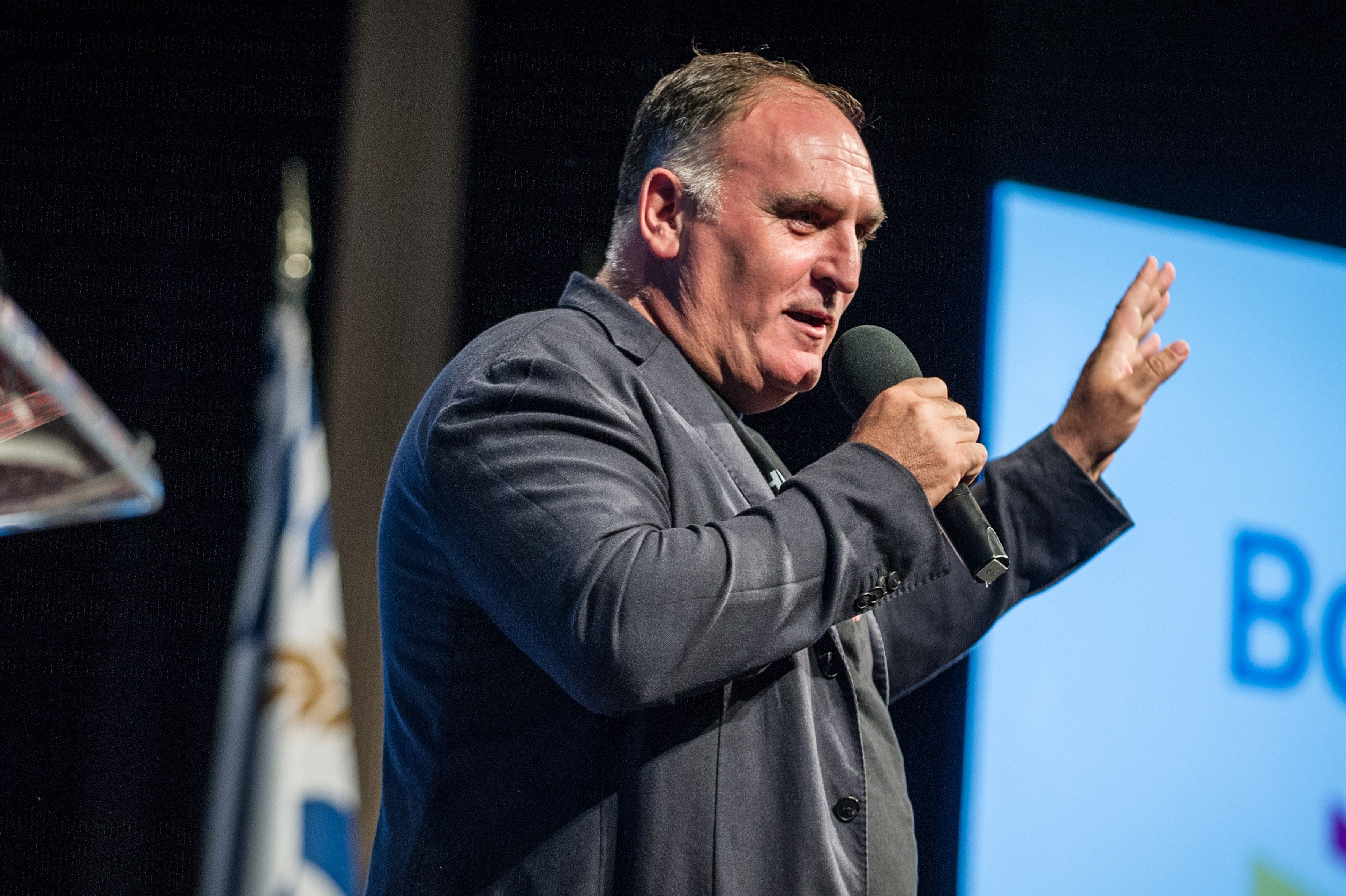 File photo dated Sept. 24, 2018, showing Spanish chef Jose Andres speaking at the presentation of his book "We Fed an Island" at Miami Dade College in Miami.  EFE-EPA/Giorgio Viera