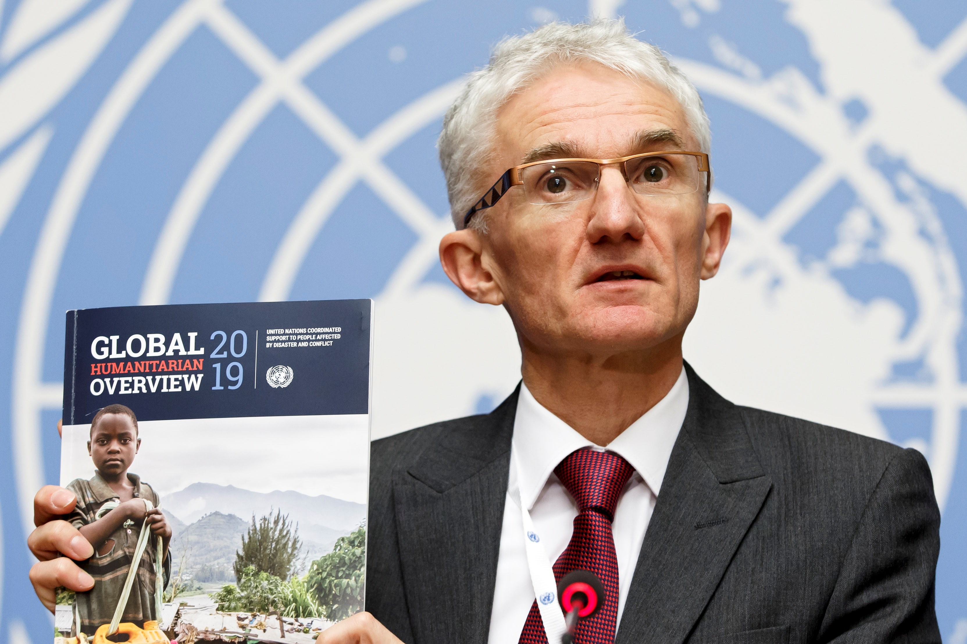 Mark Lowcock, UN Under-Secretary-General for Humanitarian Affairs and Emergency Relief Coordinator, informs the media about the launch of 'Global Humanitarian Overview 2019' and 'World Humanitarian Data and Trends 2018' flagship reports during a press conference at the European headquarters of the United Nations (UNOG) in Geneva, Switzerland, Dec 4, 2018. EFE-EPA/SALVATORE DI NOLFI