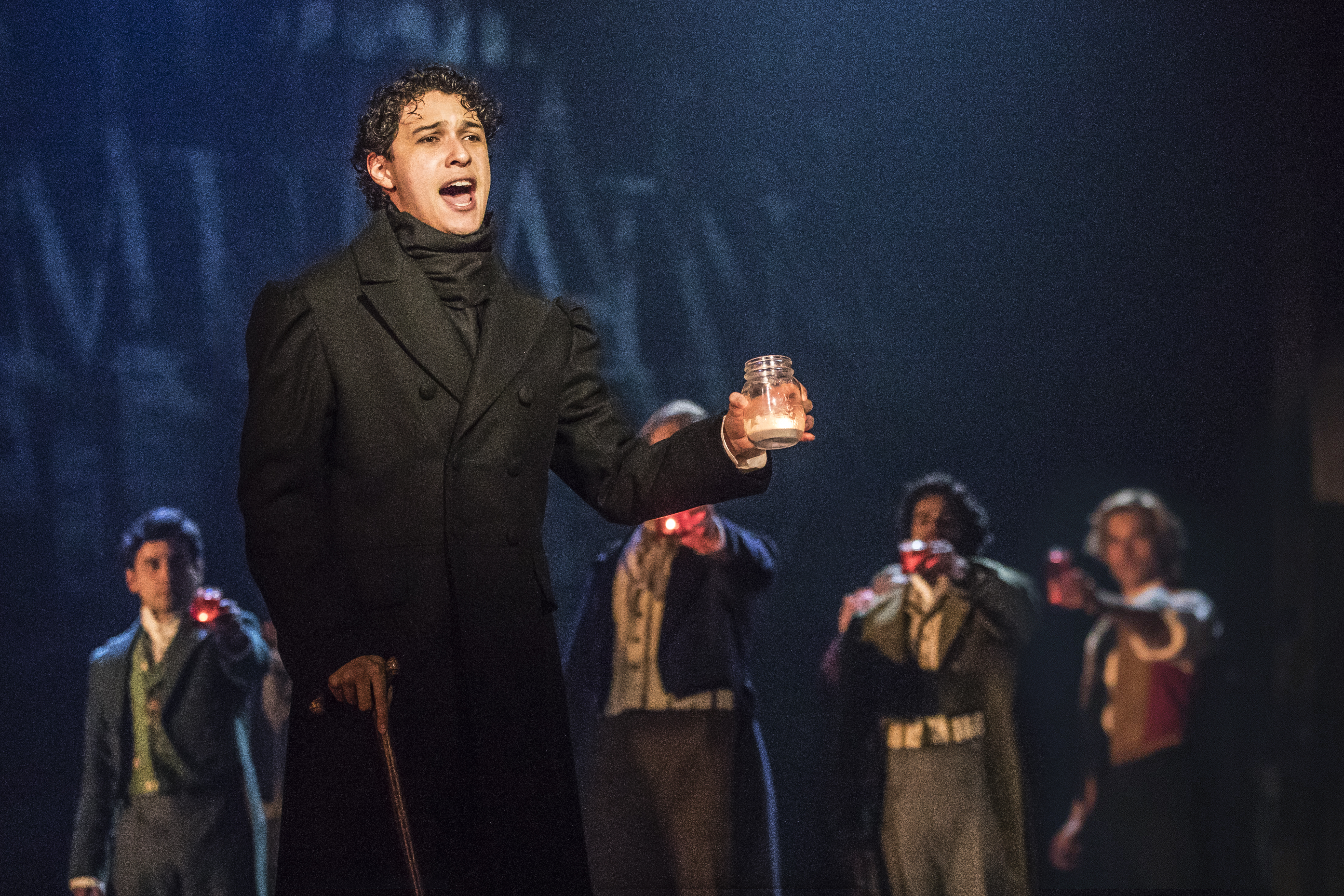 Joshua Grosso as Marius in the second act of Les Misérables, singing the song "Empty Chairs at Empty Tables". This photograph is provided by the national tour's official photographers. All rights are reserved to them. 