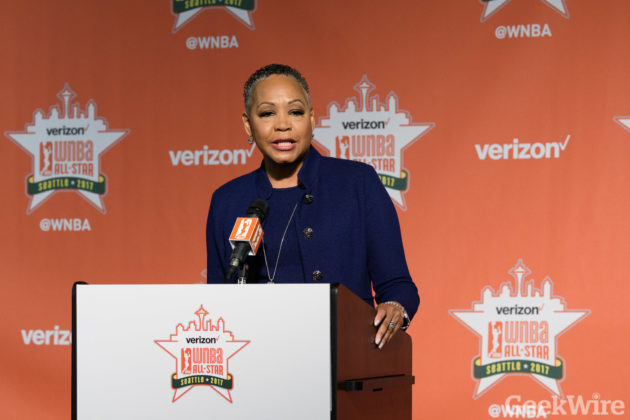 Lisa Borders is leaving her role as WNBA President to become the first-ever President & CEO of Time's Up. GeekWire photo/Kevin Lisota