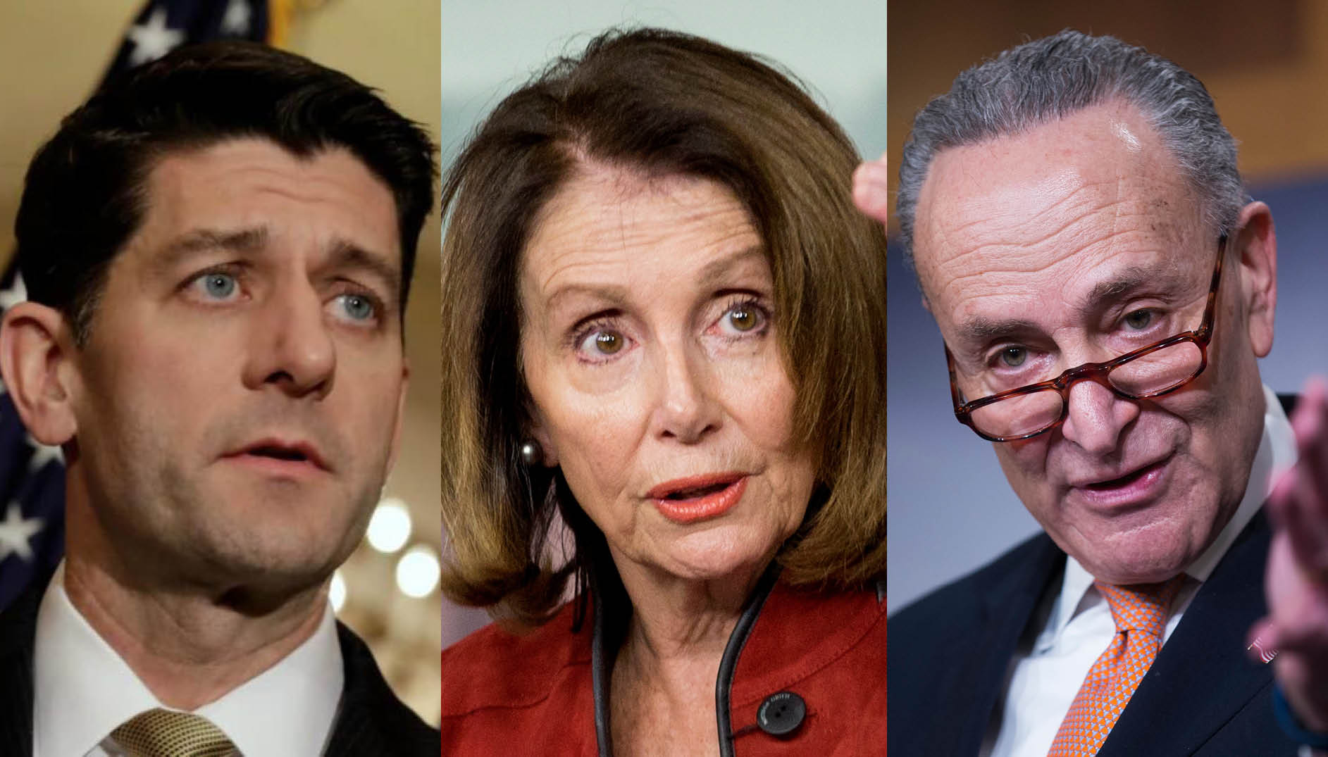 Speaker of the House of Representatives Paul Ryan (R-WI), House Minority Leader Nancy Pelosi (D-CA) and Senate Minority Leader Chuck Schumer (D-NY)