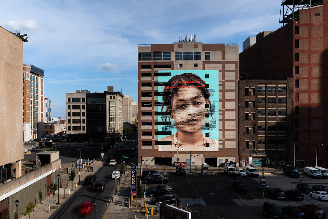 Declaration Redaction. Photo: © 2021 City of Philadelphia Mural Arts Program / Dwayne Betts & Titus Kaphar, 150 North Broad Street. Photo by Steve Weinik.