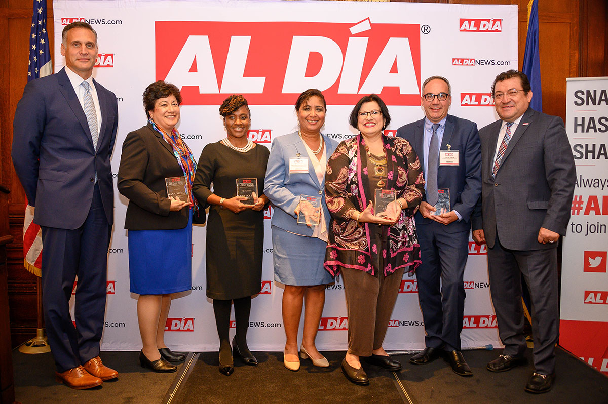 Several awardees were honored for their accomplishments in the fields of Health, Business, Education, Public Service and Non-Profit at the Hispanic Heritage Awards. (Photo from Left to right: Walter Perez, Ana Nunez, Uva Coles,Councilwoman Maria Quinones-Sanchez, Nilda Ruiz, Manuel Trujillo, Hernan Guaracao)