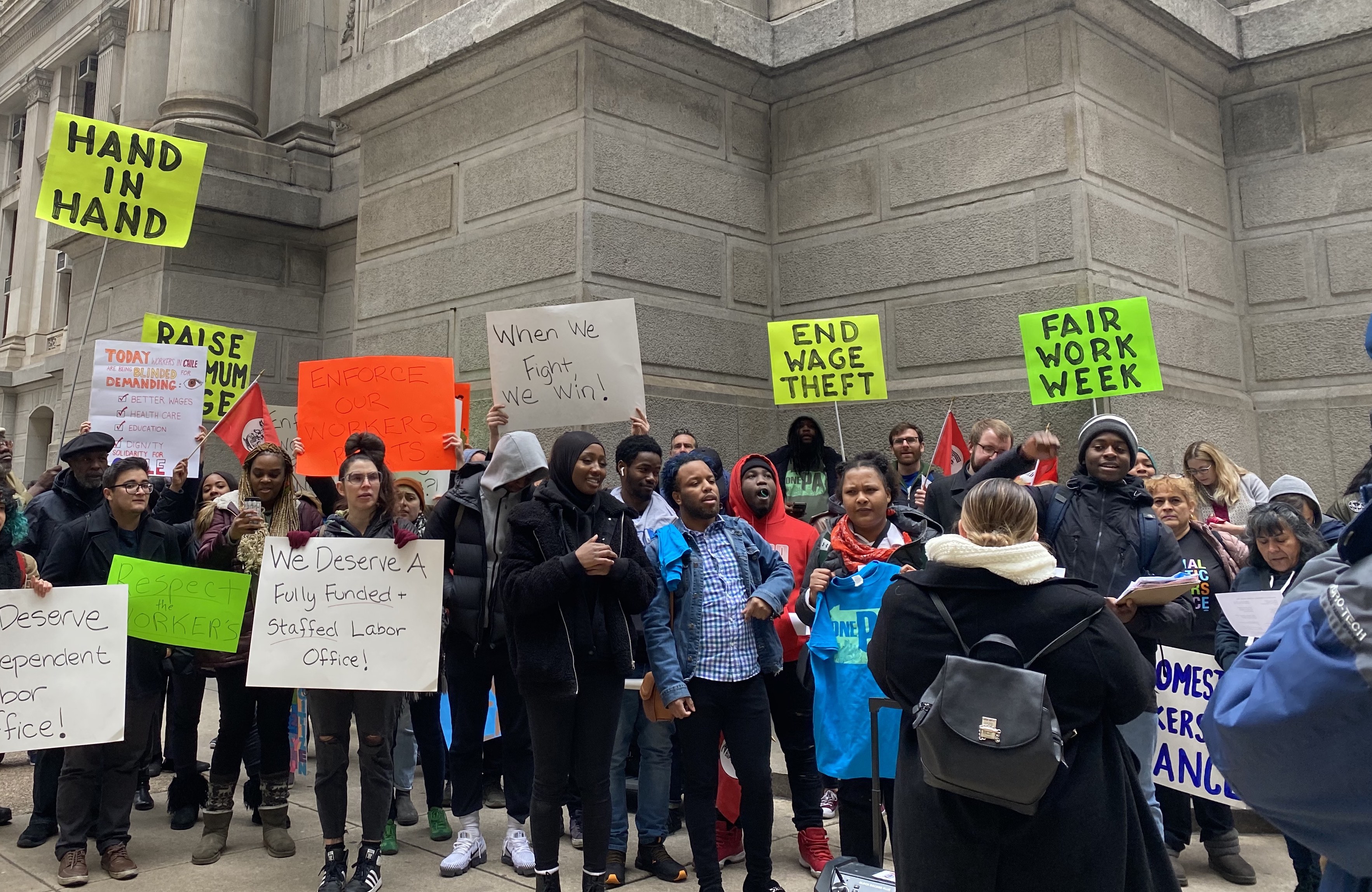 A day before Philadelphia City Council is set to vote on a permanent Department of Labor, Philadelphia workers march. Photo: Nigel Thompson