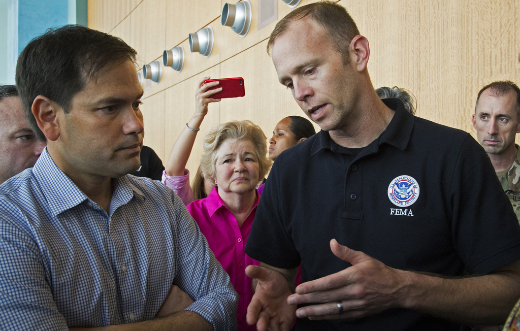 FEMA Administrator Brock Long (right) and Senator Marco Rubio (left) meet at the Convention Center in San Juan on Sep. 25, 2017, and talk about the response efforts taking place in Puerto Rico, in the aftermath of Hurricane Maria. Photo: Yuisa Rios/FEMA.