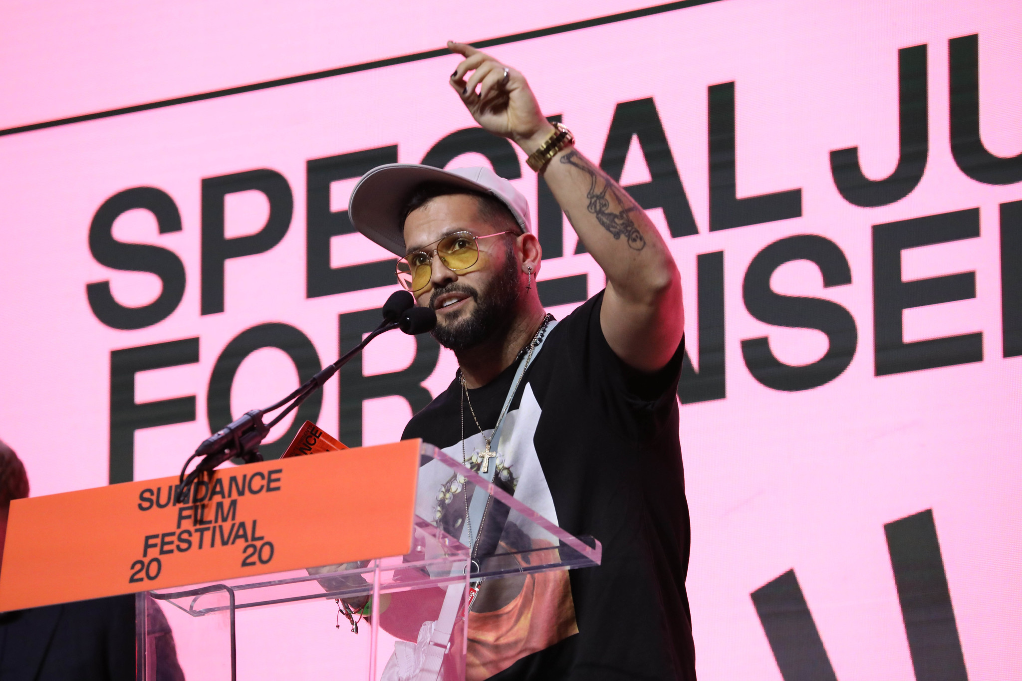 Director Angel Manuel Soto speaking after winning the U.S. Dramatic Special Jury Award for Ensemble Cast. Courtesy of The Sundance Film Institute.