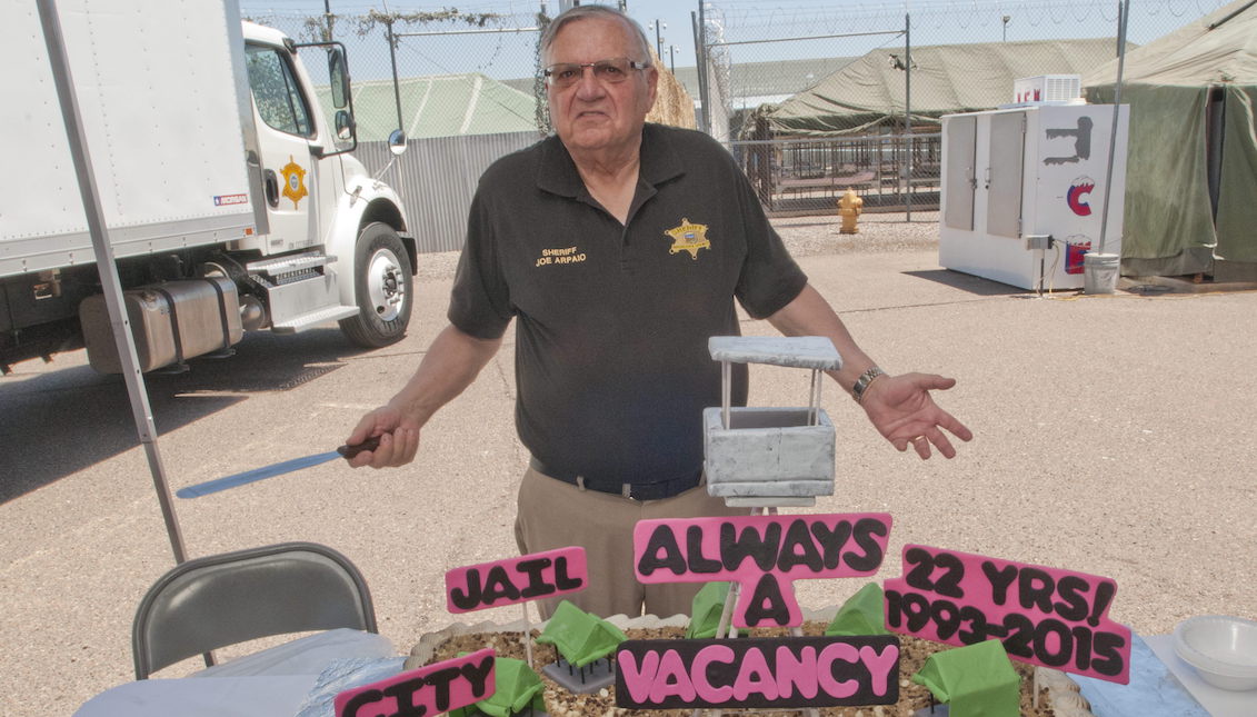 Then-sheriff Joe Arpaio shows off his disturbing Tent City mockup on August 03, 2015.