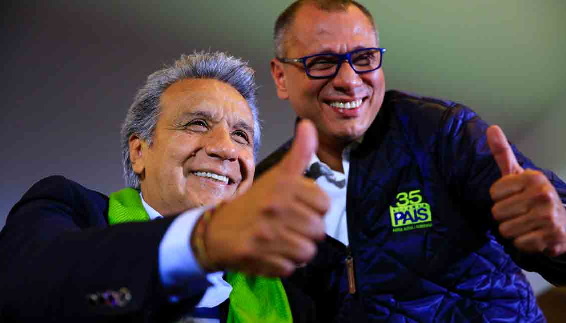 Ecuador's officialist candidate Lenin Moreno (C) celebrates during the last hours before the results of the presidential election, with Ecuador's Vice President Jorge Glas (R) in Quito, Ecuador. EFE