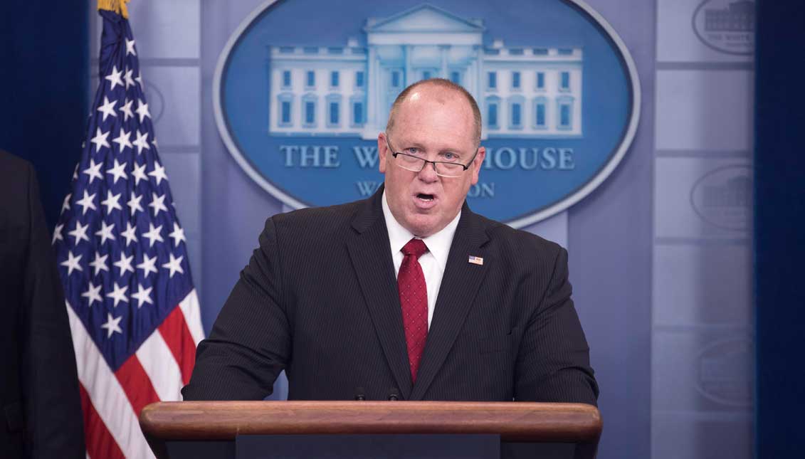 Acting Director of Immigration and Customs Thomas Homan talks about the immigration policies of the Trump administration during a press conference in the press room James Brady of the White House in Washington. EFE
