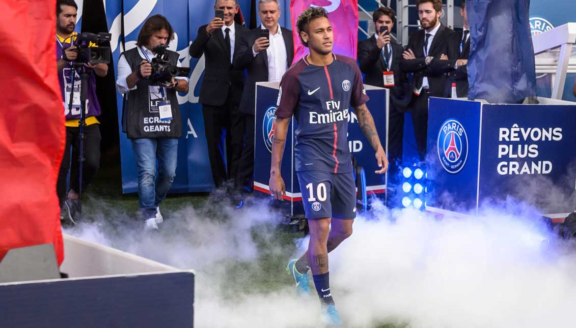 Brazilian striker Neymar Jr during his official presentation to the public as PSG player prior to the French Ligue 1 soccer match between Paris Saint-Germain (PSG) and Amiens SC at the Parc des Princes stadium in Paris, France. EFE