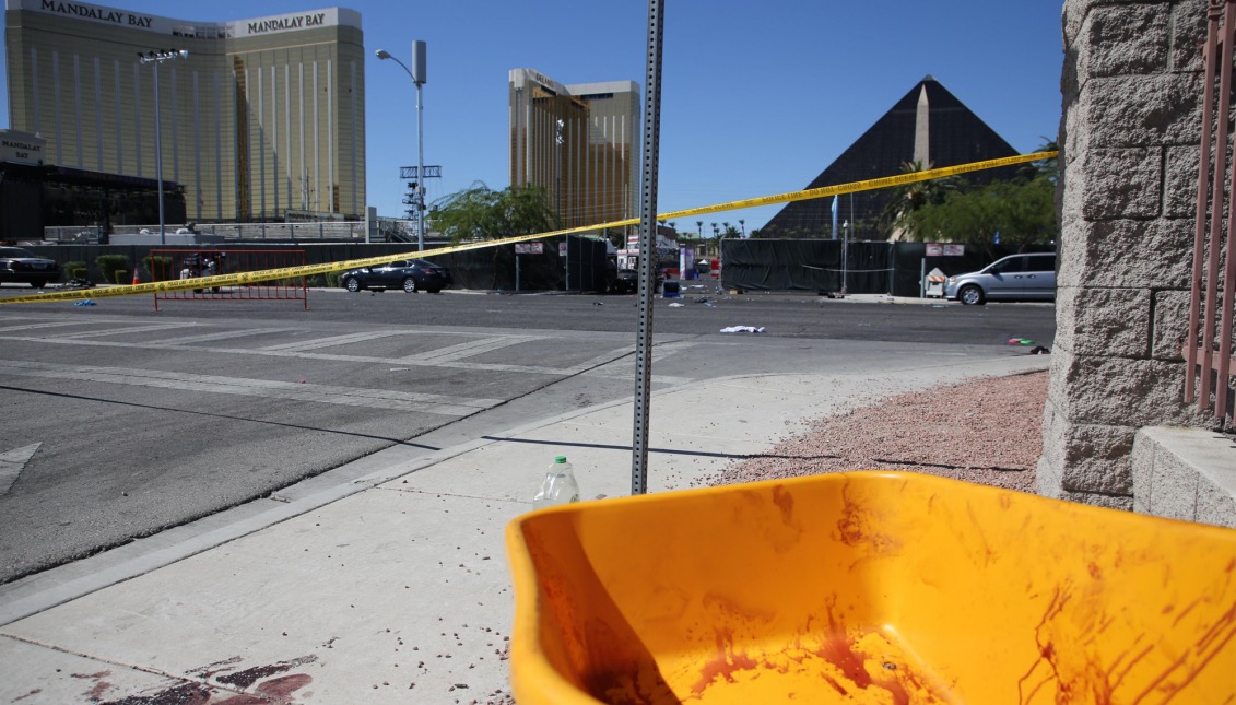 View of a blood-covered wheelbarrow today, Monday, October 2, 2017, near the scene of a shooting while a country music festival was held in Las Vegas, Nevada. EFE.