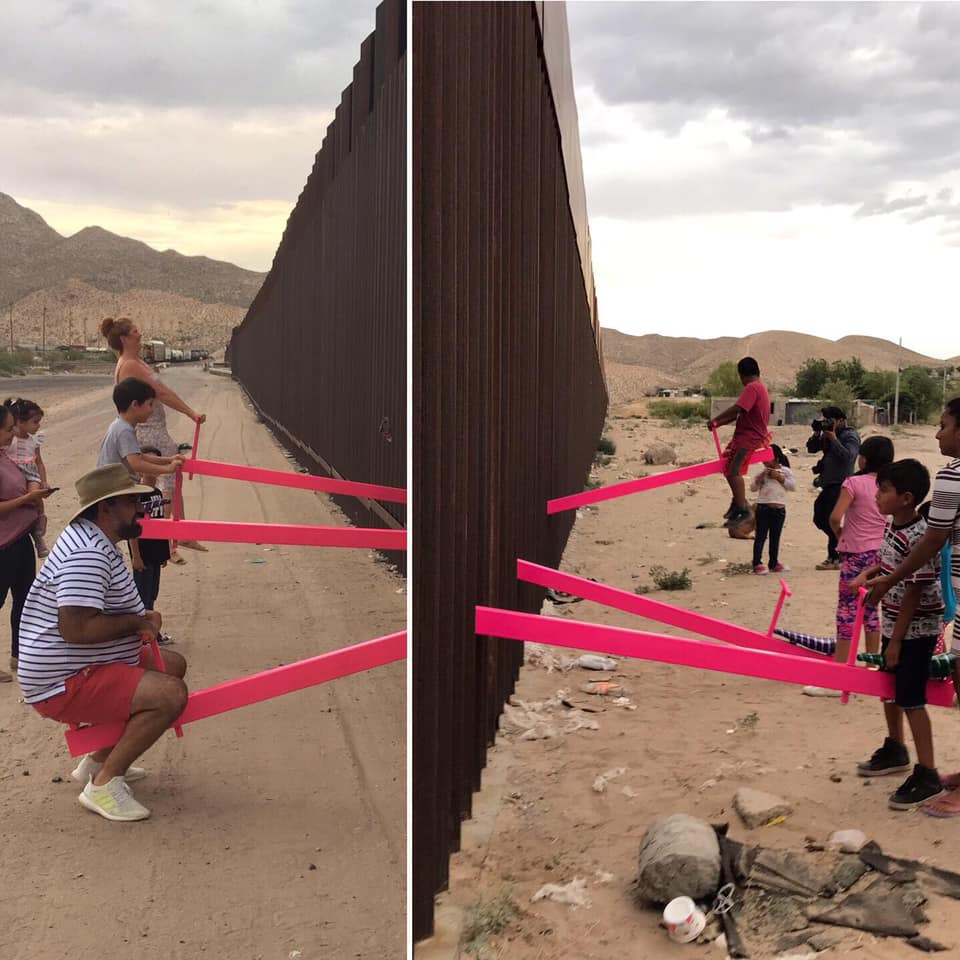 Communities from both sides of the U.S.-Mexico border unite at the "Teeter-Totter Wall" project at the Anapra zone in Ciudad Juarez, Mexico on July 28, 2019. Photo courtesy of Rael San Fratello.