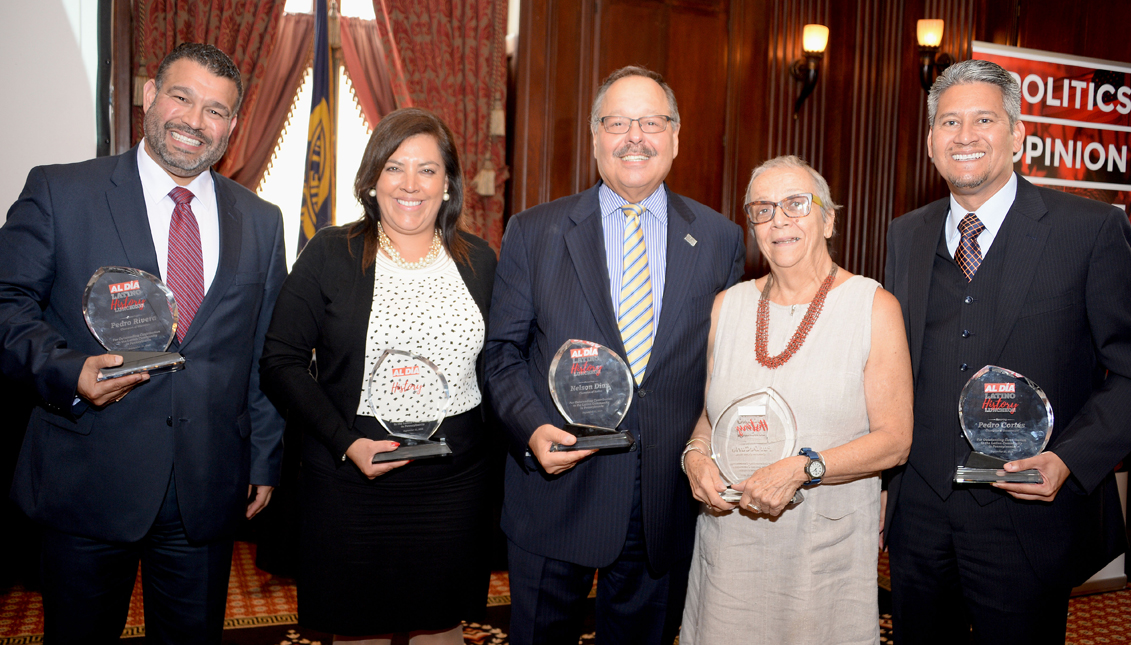 Pedro Rivera, Karla Narvaez-Hurley, Nelson Diaz, Part De Carlo and Pedro Cortes, awardees of the first "Annual Latino History Luncheon, hosted by AL DÍA News at the Union League Club of Philadelphia. Photo: Peter Fitzpatrick/AL DÍA