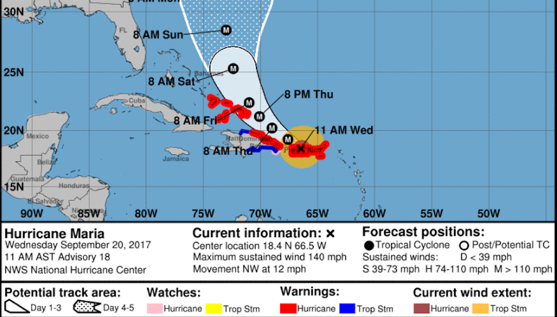 A National Hurricane Center chart showing the expected trajectory of Hurricane Maria.