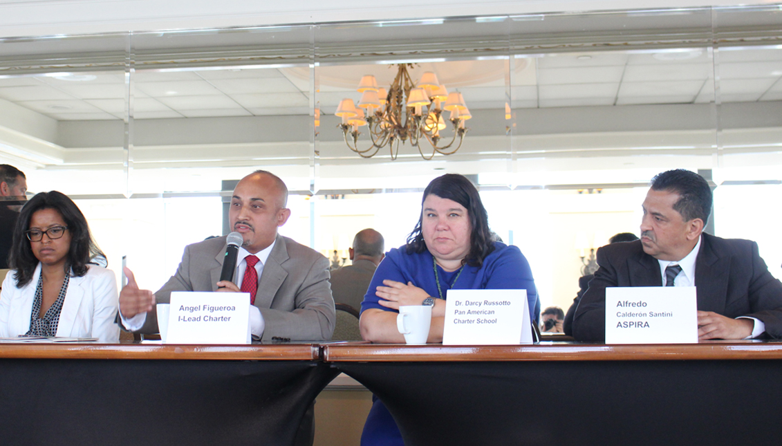 Panelists discuss education reform. From left to right: Farah Jimenez (President and CEO, Phialdelphia Education Fund), Angel Figueroa (Co-Founder and CEO, I-Lead Charter School), Dr. Darcy Russotto (Principal, Pan American Charter School), and Alfredo Calderon-Santini (President and CEO of ASPIRA). AL DÍA News
