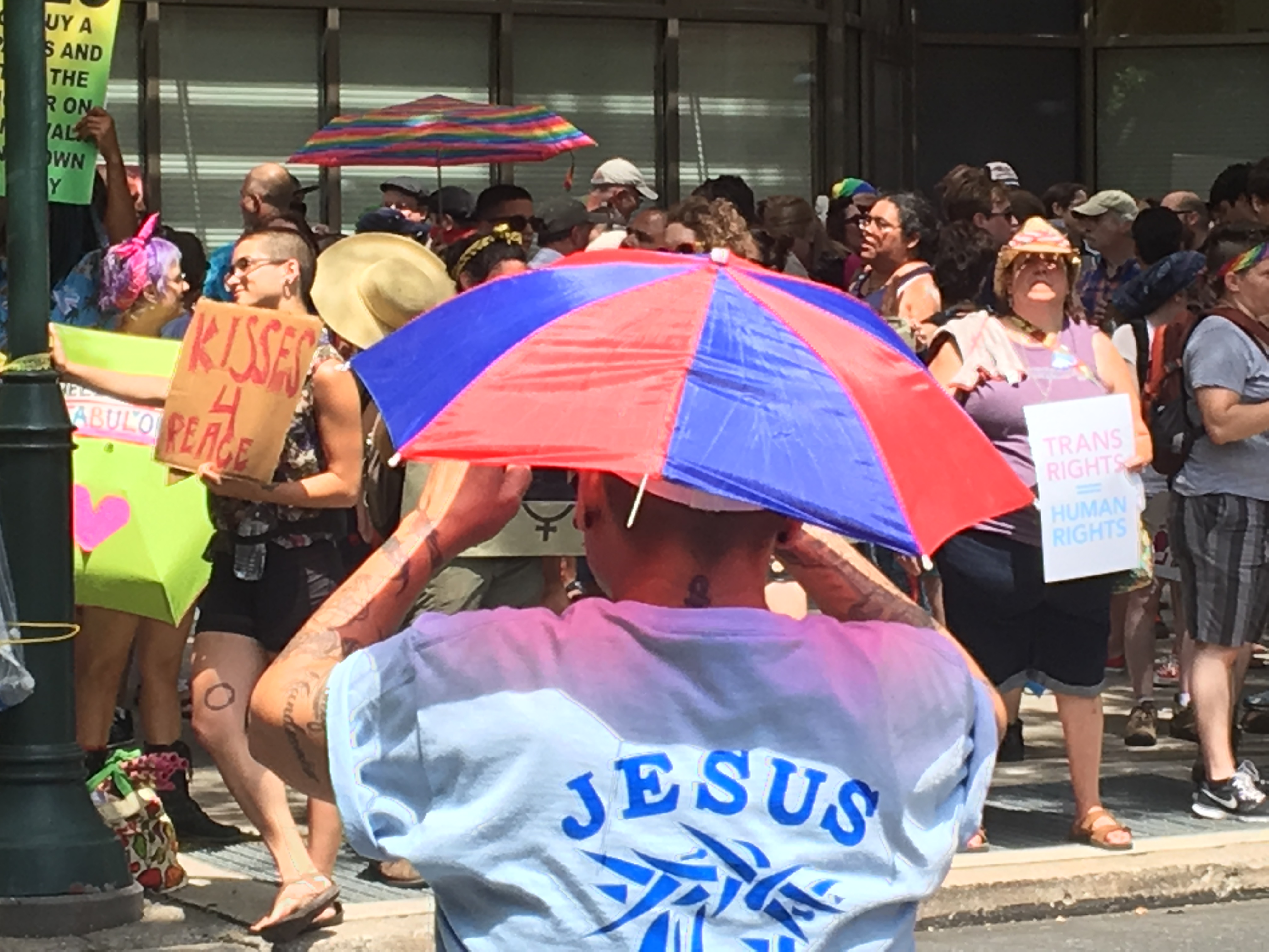 Hundreds of counter-protestors line-up outside of the Mazzoni Center
