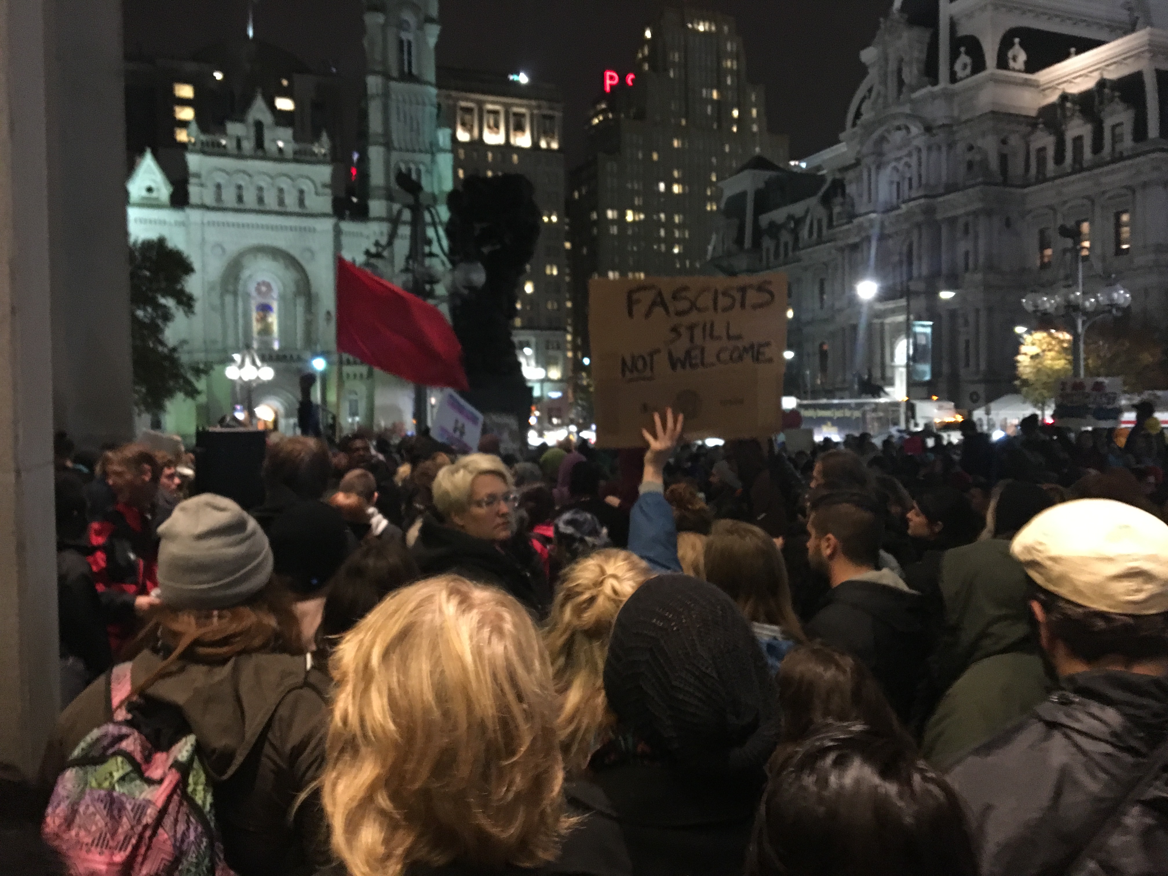 Protestors gather at Thomas Paine Plaza across from City Hall after the announcement of Donal Trump as President-elect
