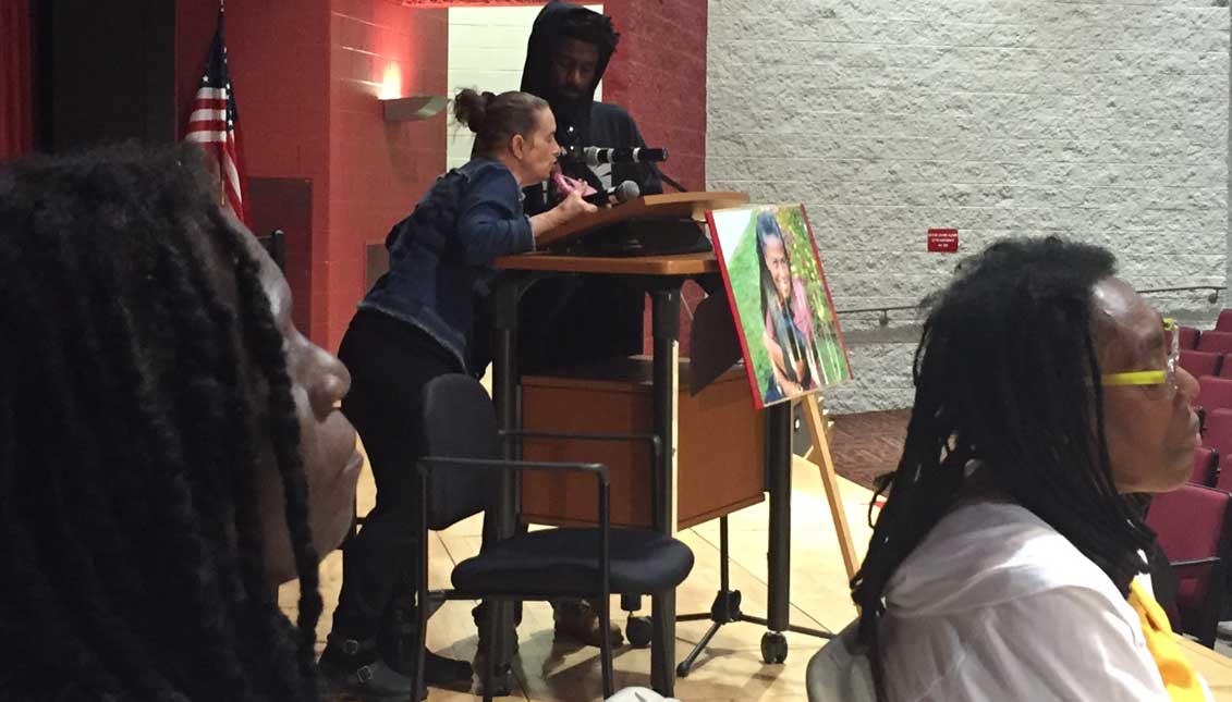 Ramona Africa (right) lone surviving adult MOVE member of the May 1985 bombing-&-burning at recent MOVE program along with MOVE members Sue Africa (center) and Consuella Africa (left). LBWPhoto
