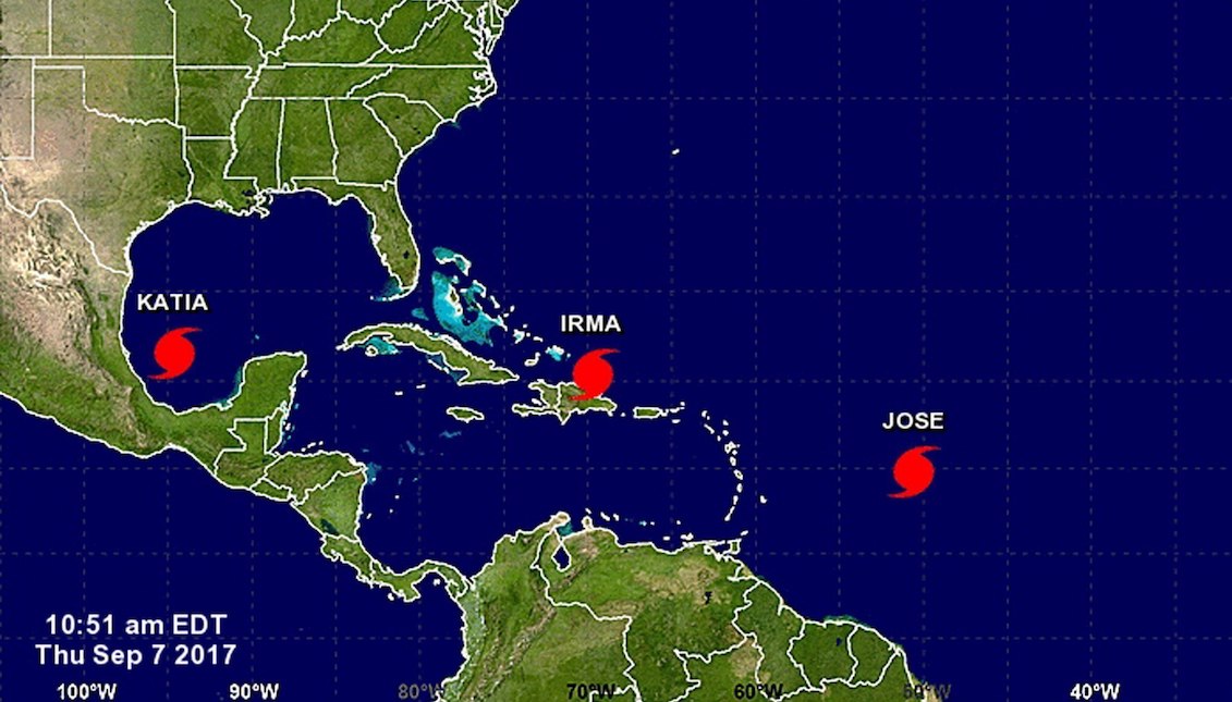 Photograph by the National Oceanic and Atmospheric Administration of the United States (NOAA) showing three hurricanes, Katia, Irma and Jose in their trajectory through the Gulf of Mexico, the Caribbean Sea and the Atlantic Ocean on September 7, 2017. EFE Noaa