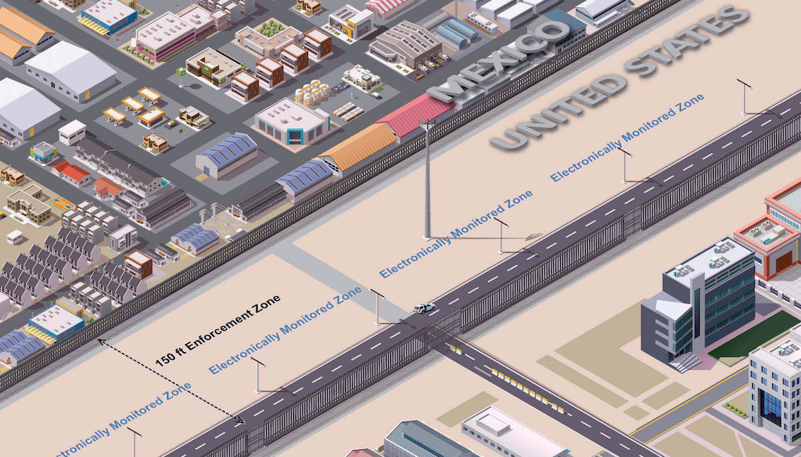 Photo courtesy of the Office of Customs and Border Protection (CBP) on August 31, 2017 for a map showing US Government projects to build a "solid" wall in the area adjoining Mexico and a gate to see what happens on the other side. EFE / DHS