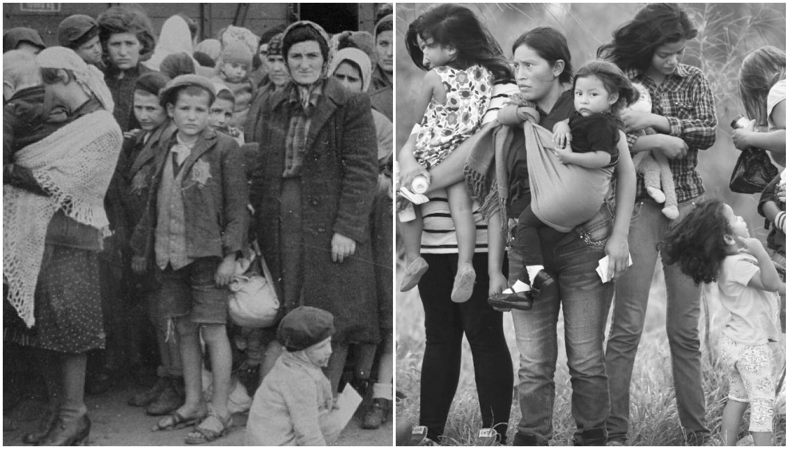 Left) Jewish women and children from Subcarpathian Rus await selection at the Auschwitz-Birkenau ramp in May 1944. (Right) Central American immigrants wait to be transferred to a United States border patrol processing center after crossing the Rio Grande from Mexico to Texas. Photography: John Moore / Getty Images