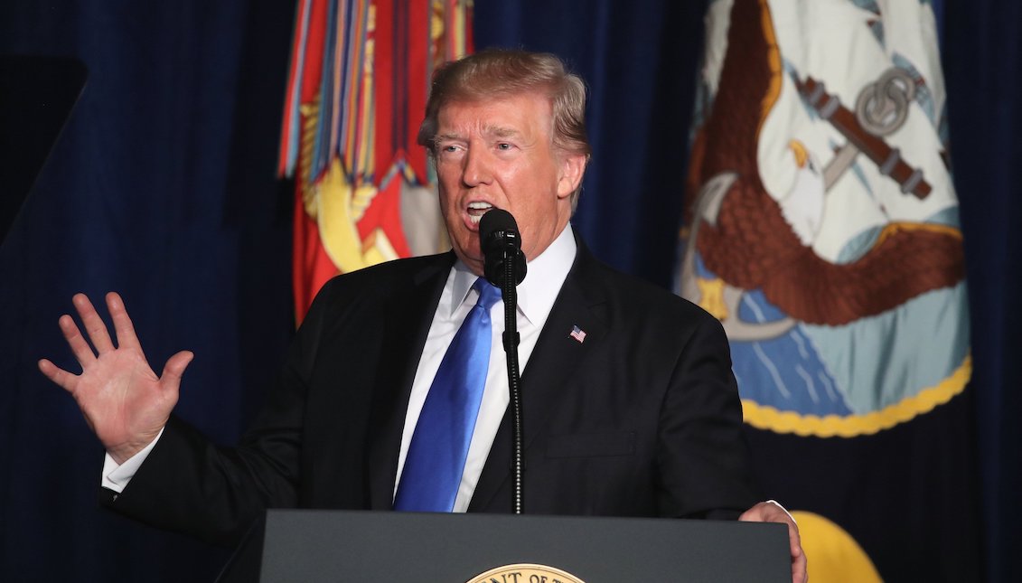 President Donald Trump on Monday, Aug. 21 during his speech on US military involvement in Afghanistan in front of troops from the Fort Myer military base in Arlington, Virginia. EFE / MARK WILSON