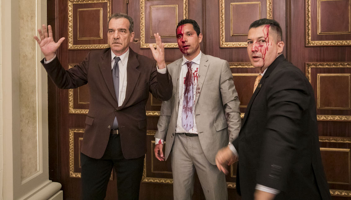 Deputy Luis Stefanelli (L) and deputy Jose Regnault (C) remain in a corridor of the National Assembly after a dispute with demonstrators yesterday, Wednesday, July 5, 2017, in Caracas, . EFE/MIGUEL GUTIÉRREZ