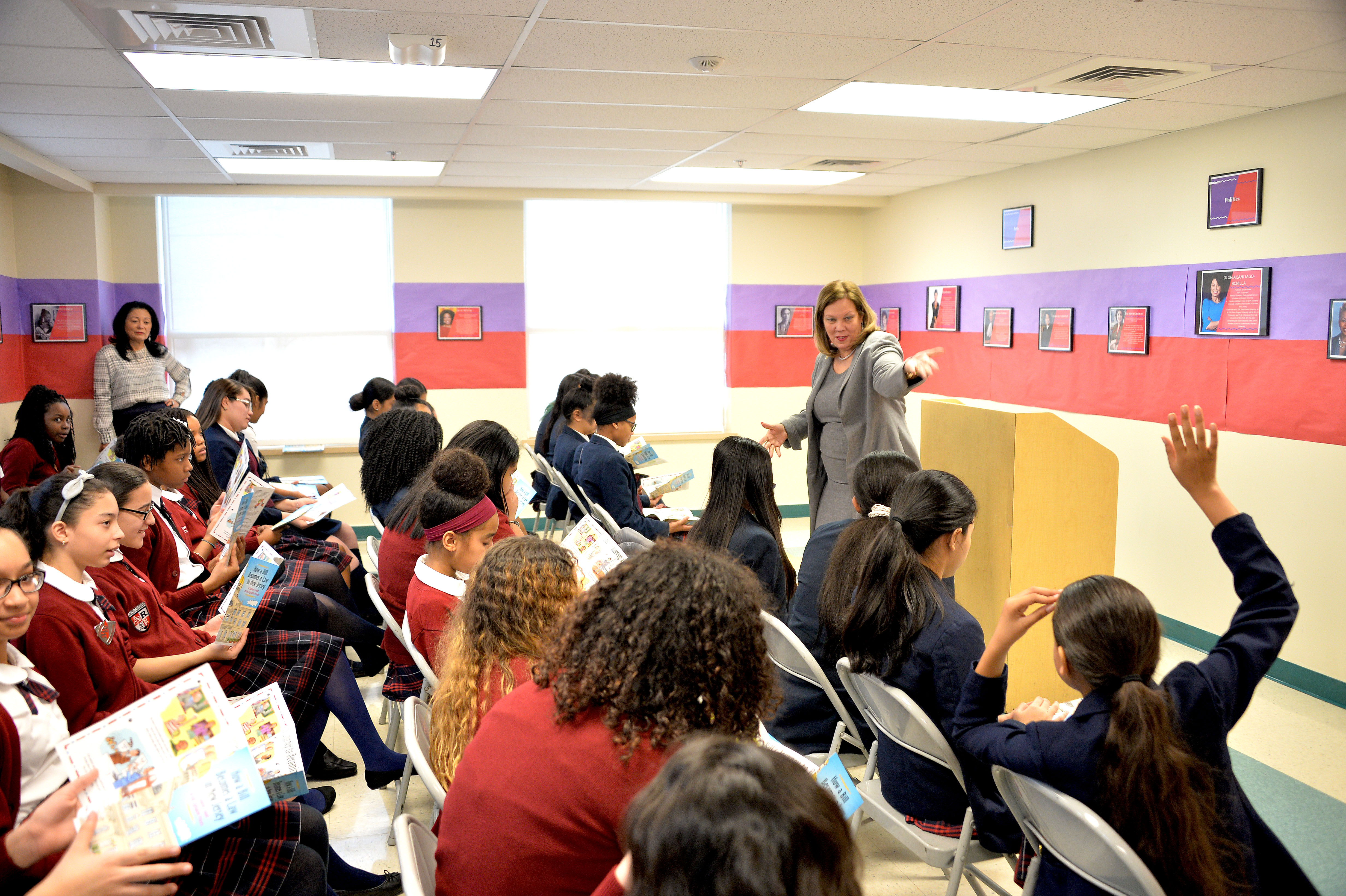 N.J. State Senator Nilsa Cruz-Perez speaks about public service to middle school girls at the LEAP Academy in Camden, NJ as part of  Women's Heritage Month.  Photo: Peter Fitzpatrick/AL DIA News