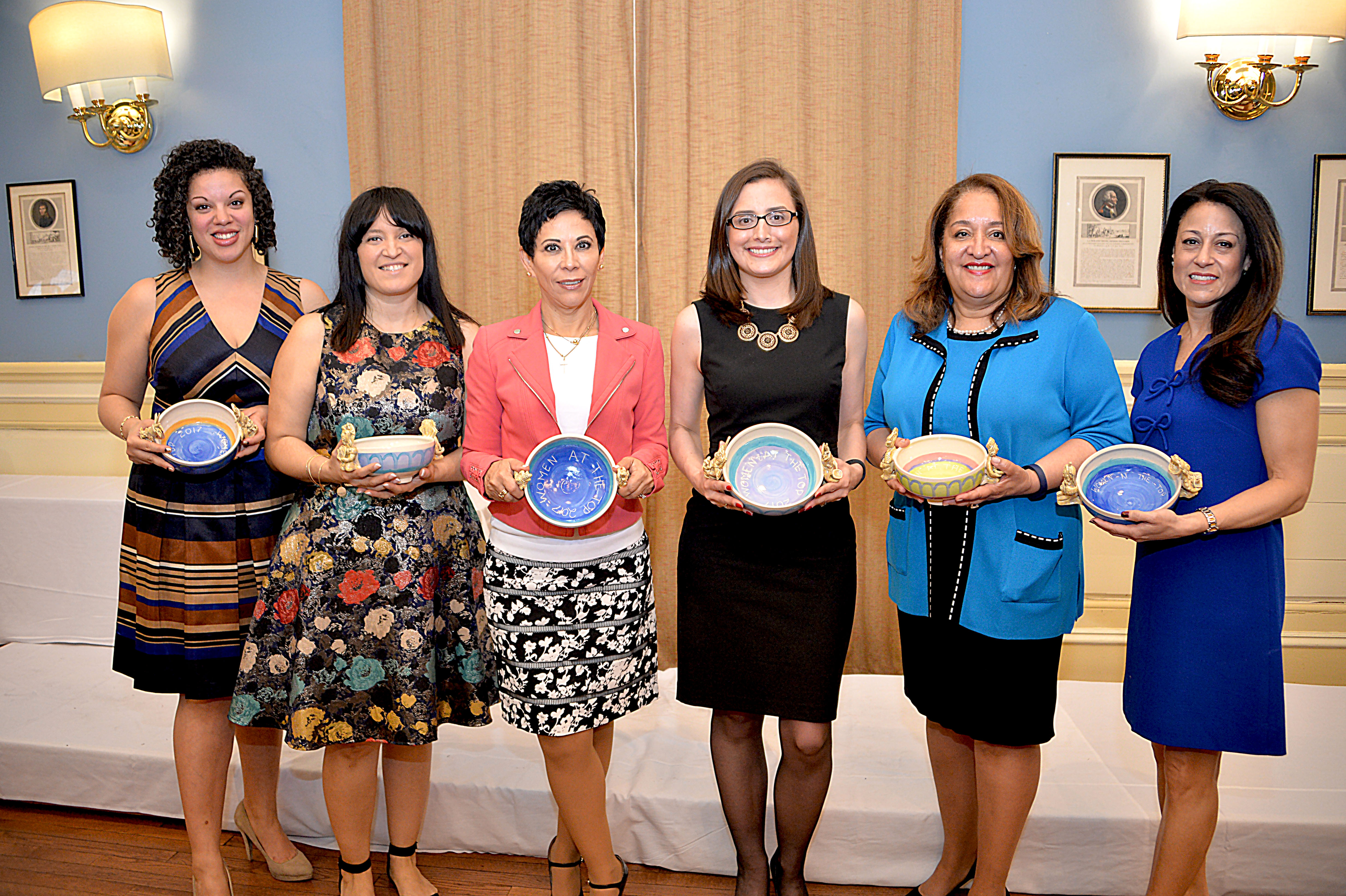 Tiffany Tavarez, Yasselin Diaz, Alicia Kerber-Palma, Miriam Enriquez, Maria Vizcarrondo, and Raquel Arredondo are awarded "Women at the Top" at the Raquet Club in downtown Philadelphia. Photo: Peter Fitzpatrick/AL DIA News
