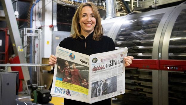 The Guardian's editor Katherine Viner, displaying the paper's new look. Photo taken by Alicia Canter/The Guardian. 