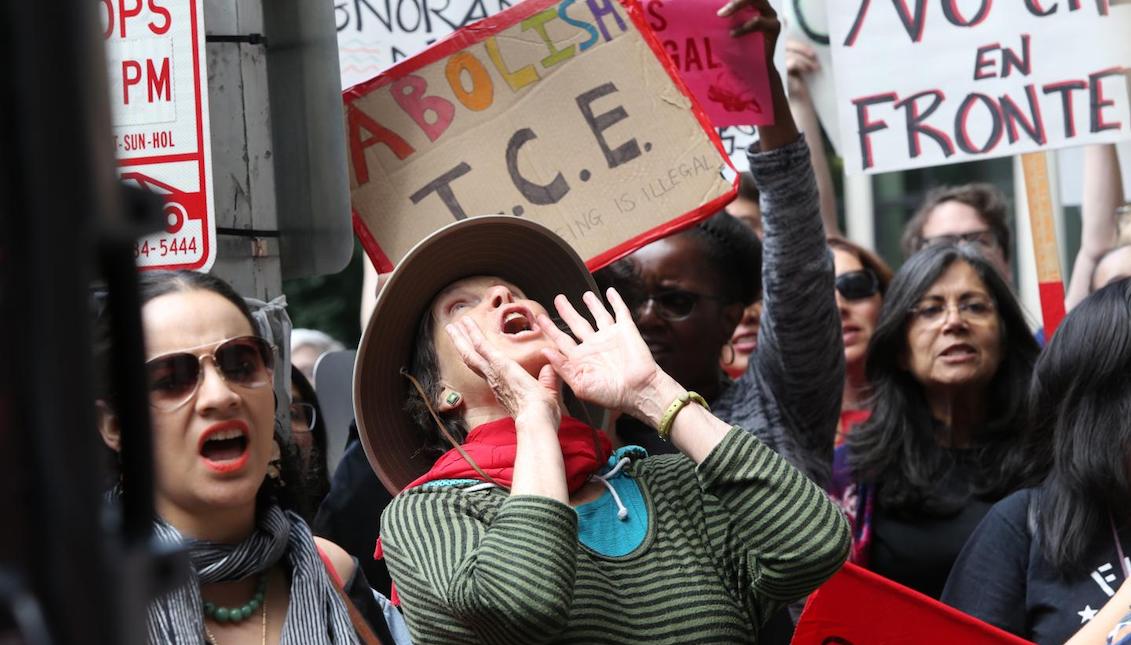 Supporters of immigration rights activist Maru Mora-Villalpando and others from the Northwest Detention Center Resistance group hold a rally outside her second deportation hearing at the Seattle Immigration Court on June 26 in Seattle. Karen Ducey/Getty Images