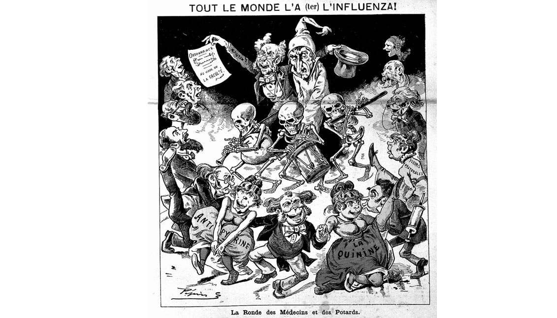 A man with influenza, taken in hand by a doctor, surrounded by dancing politicians. Wood engraving by Pépin (E. Guillaumin), 1889.