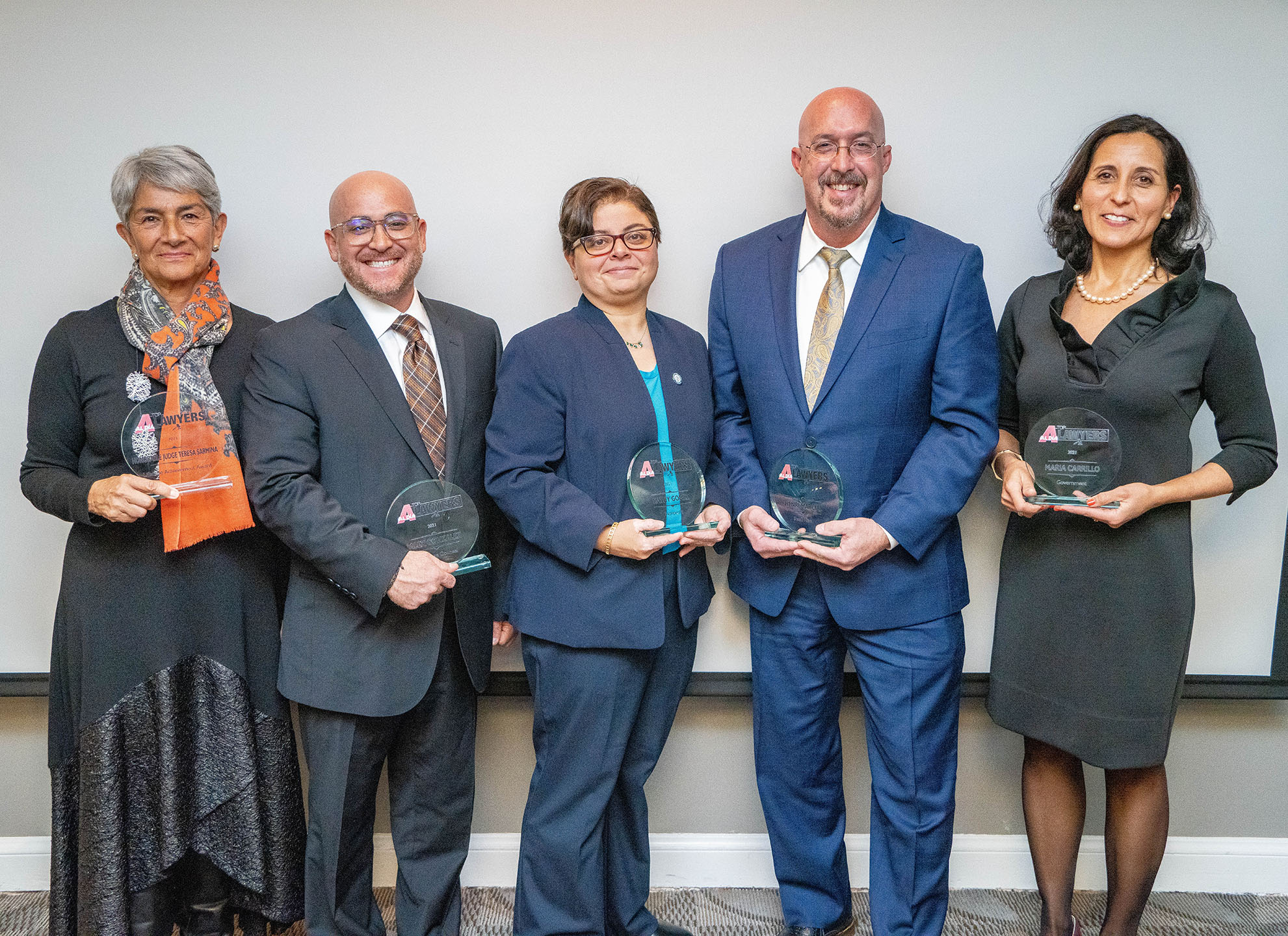 The Honorable Judge Teresa Sarmina, Alex Gonzalez, Kathy Gomez, Henri P. Marcial and Maria Carillo were honored for their hard work and dedication to their respective communities at the AL DIA Top Lawyers Awards December 15th.  Photos: Peter Fitzpatrick/AL DIA News