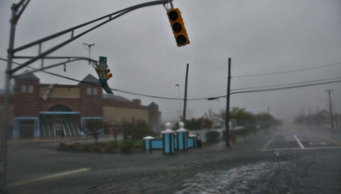 A view out the back of a New Jersey Army National Guard M35 2½ ton cargo truck conducting relief operations on Oct. 29 in Atlantic City, N.J. during Hurricane Sandy. (U.S. Air Force photo/Tech. Sgt. Matt Hecht)
